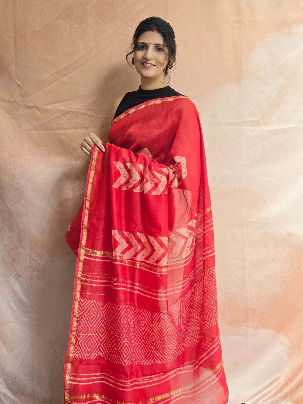 Hand block Printed Chanderi Silk Cotton Saree - Red