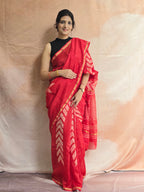 Hand block Printed Chanderi Silk Cotton Saree - Red