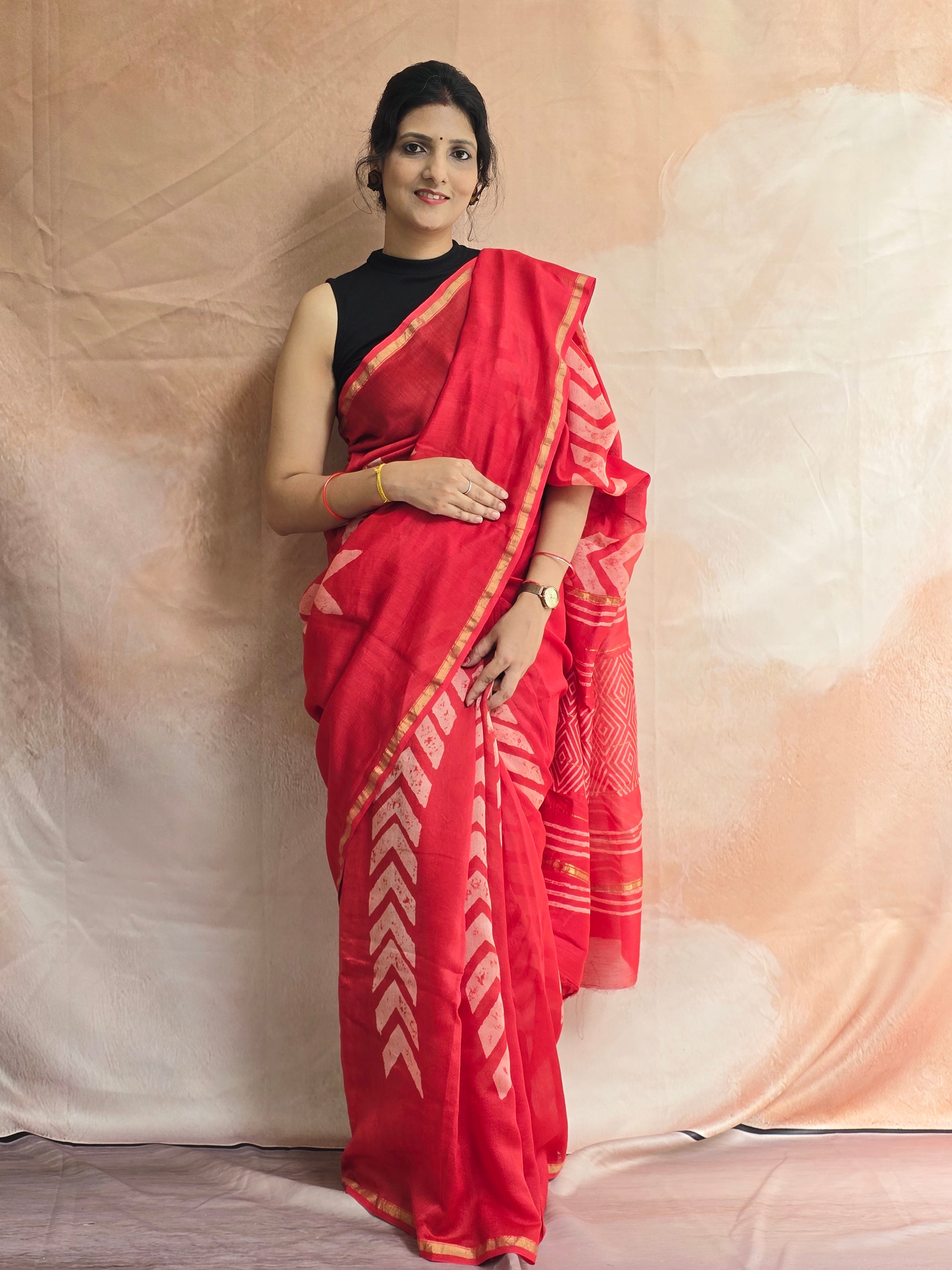 Hand block Printed Chanderi Silk Cotton Saree - Red