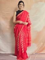 Hand block Printed Chanderi Silk Cotton Saree - Red
