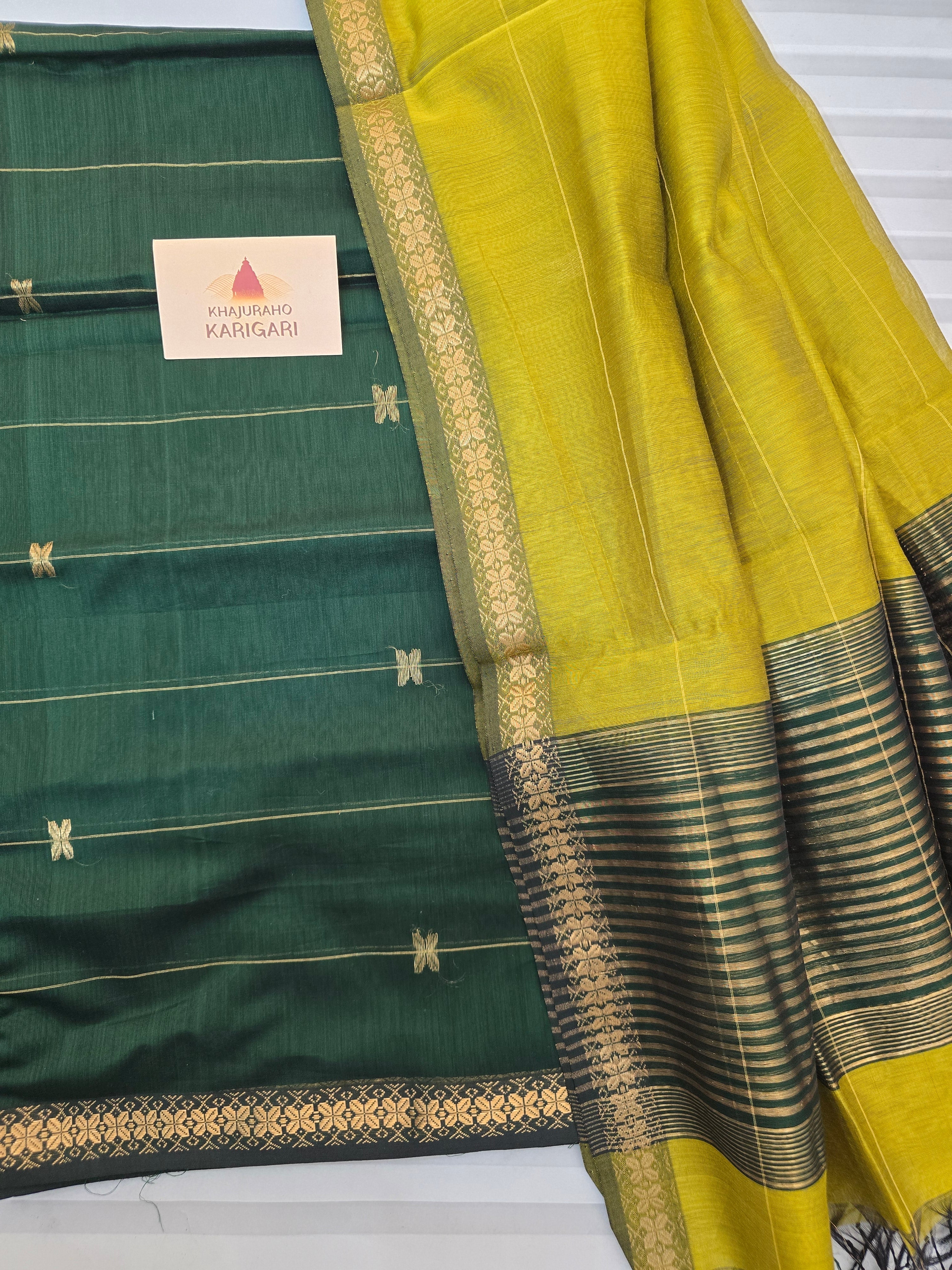 Pure Handwoven Maheshwari Kurta Dupatta Set - Green Yellow
