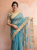 Pure Handloom Maheshwari Small Check Saree - Sky Blue