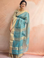 Pure Handloom Maheshwari Small Check Saree - Sky Blue