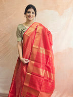 Pure Handloom Maheshwari Zari checks Saree Red