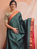 Pure Handwoven Maheshwari Saree Leaf Motif - Grey Red