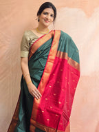 Pure Handwoven Maheshwari Saree Leaf Motif - Grey Red