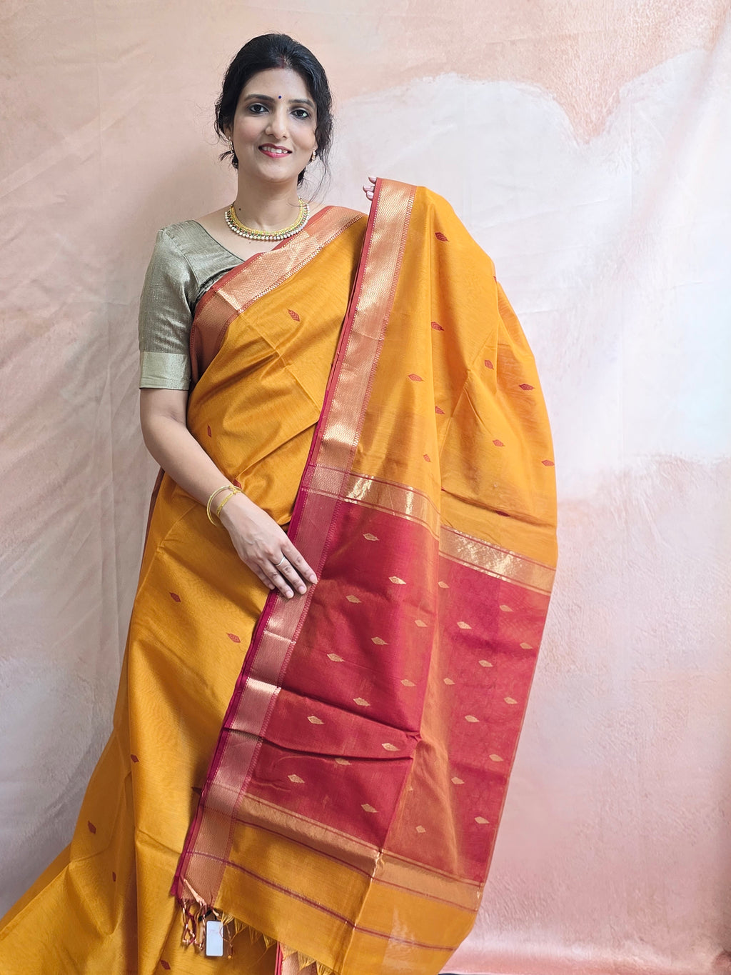 Pure Handwoven Maheshwari Saree Leaf Motif - Yellow Maroon