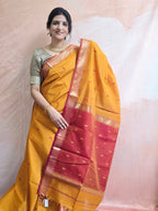 Pure Handwoven Maheshwari Saree Leaf Motif - Yellow Maroon