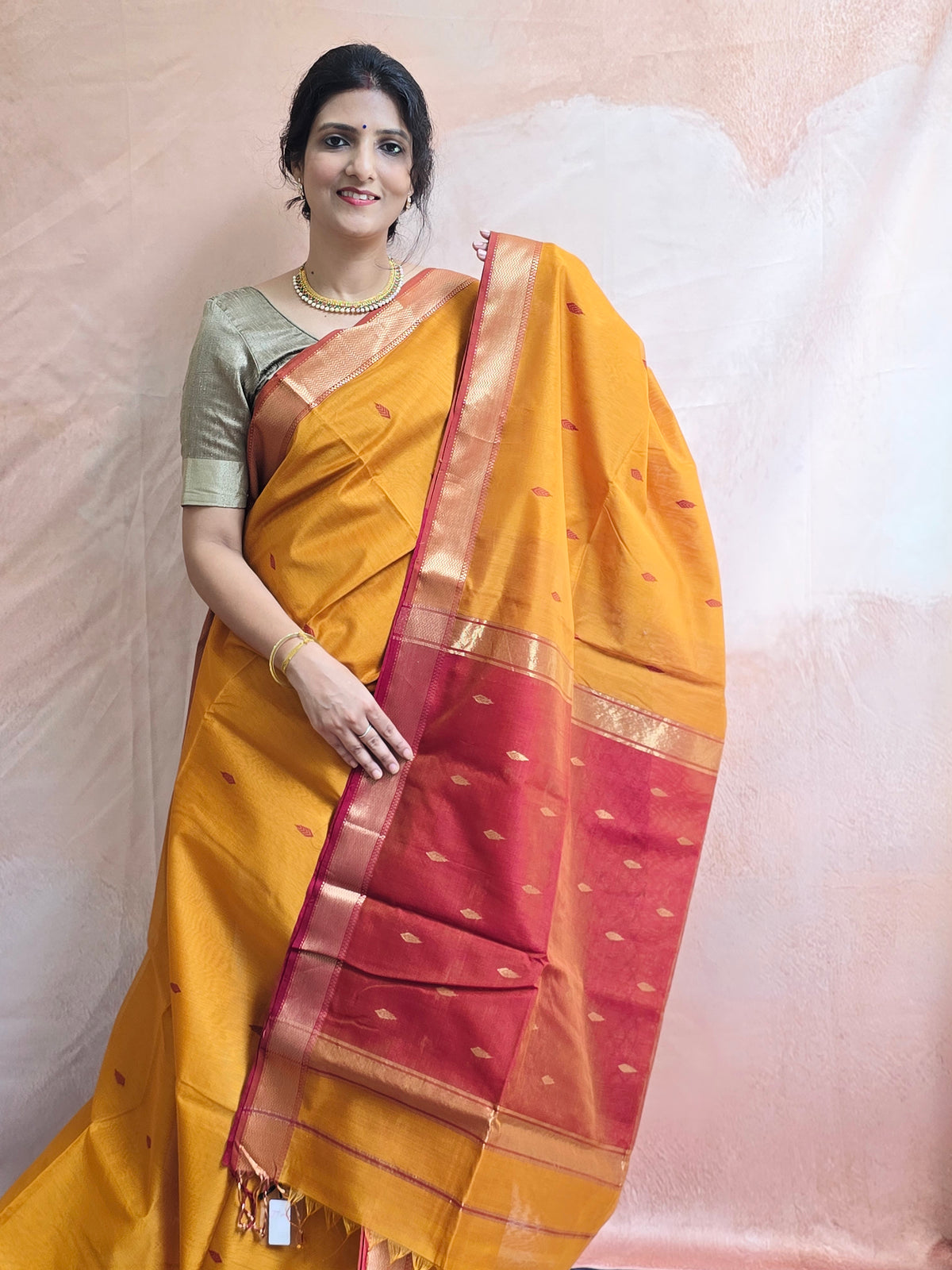 Pure Handwoven Maheshwari Saree Leaf Motif - Yellow Maroon
