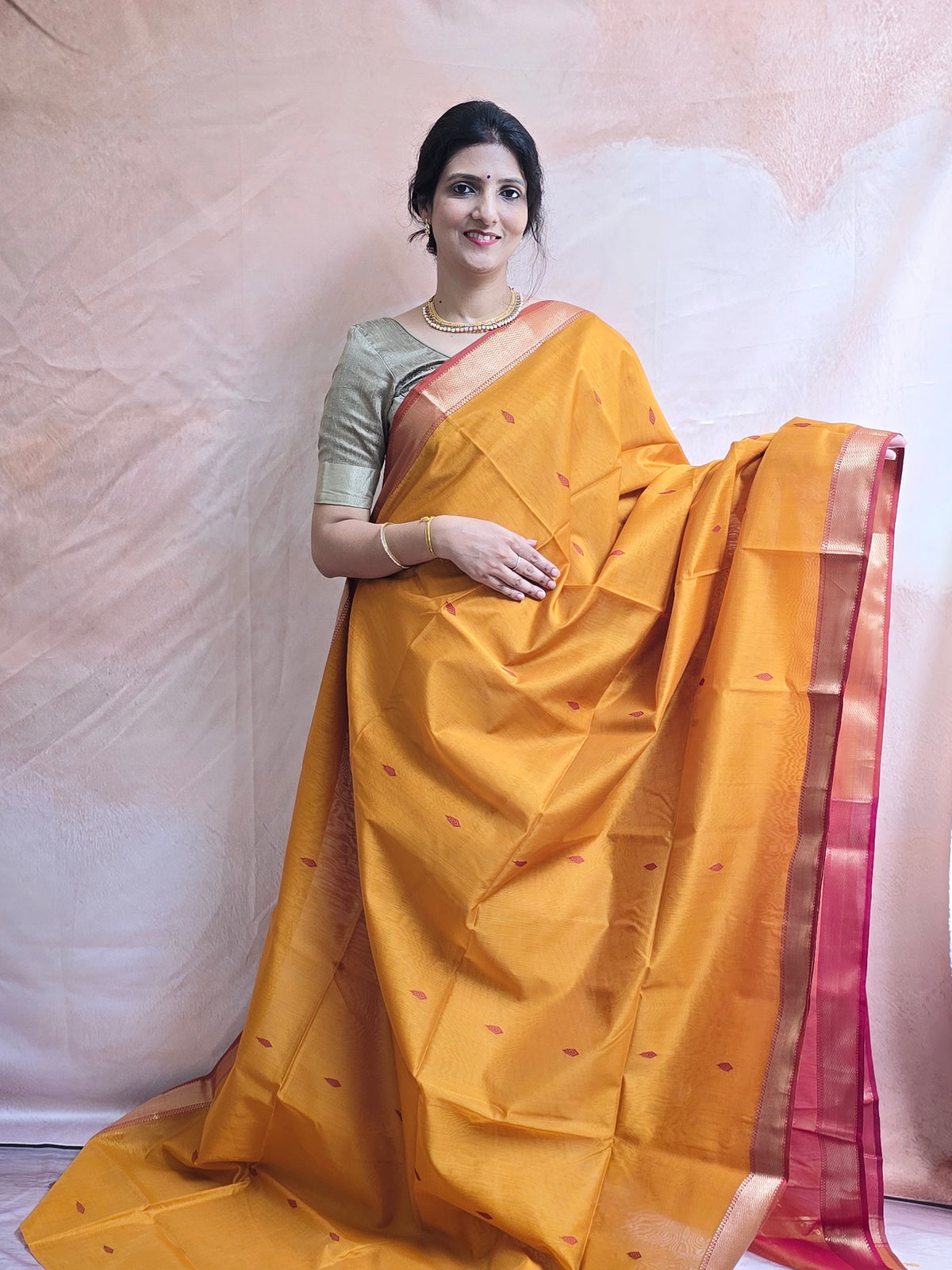 Pure Handwoven Maheshwari Saree Leaf Motif - Yellow Maroon