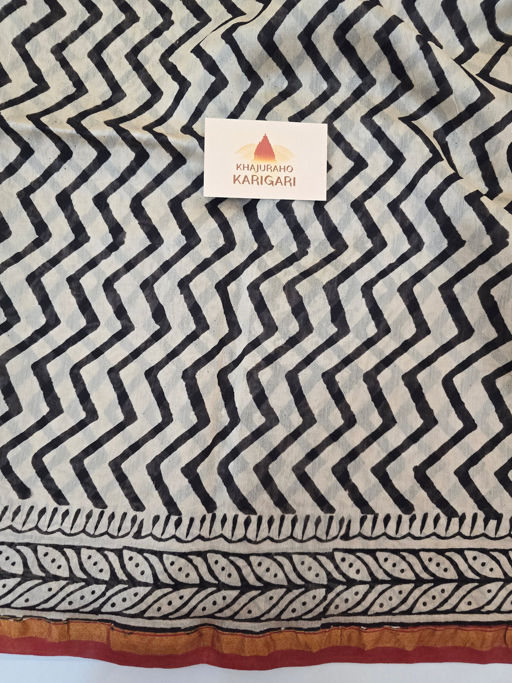 Hand block Printed Chanderi Silk Cotton Saree - Black Zig-Zag