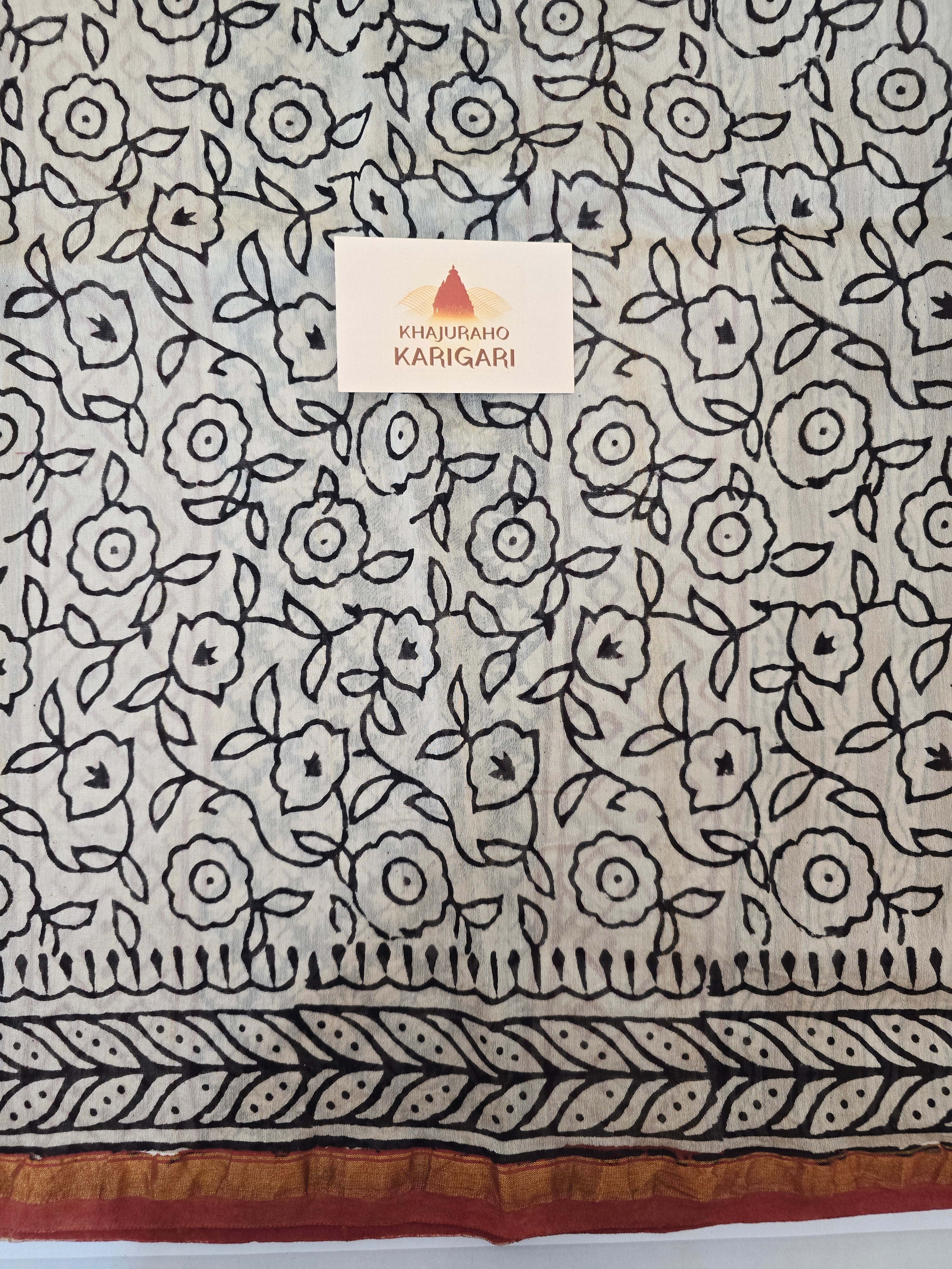 Hand block Printed Chanderi Silk Cotton Saree - Black Zig-Zag