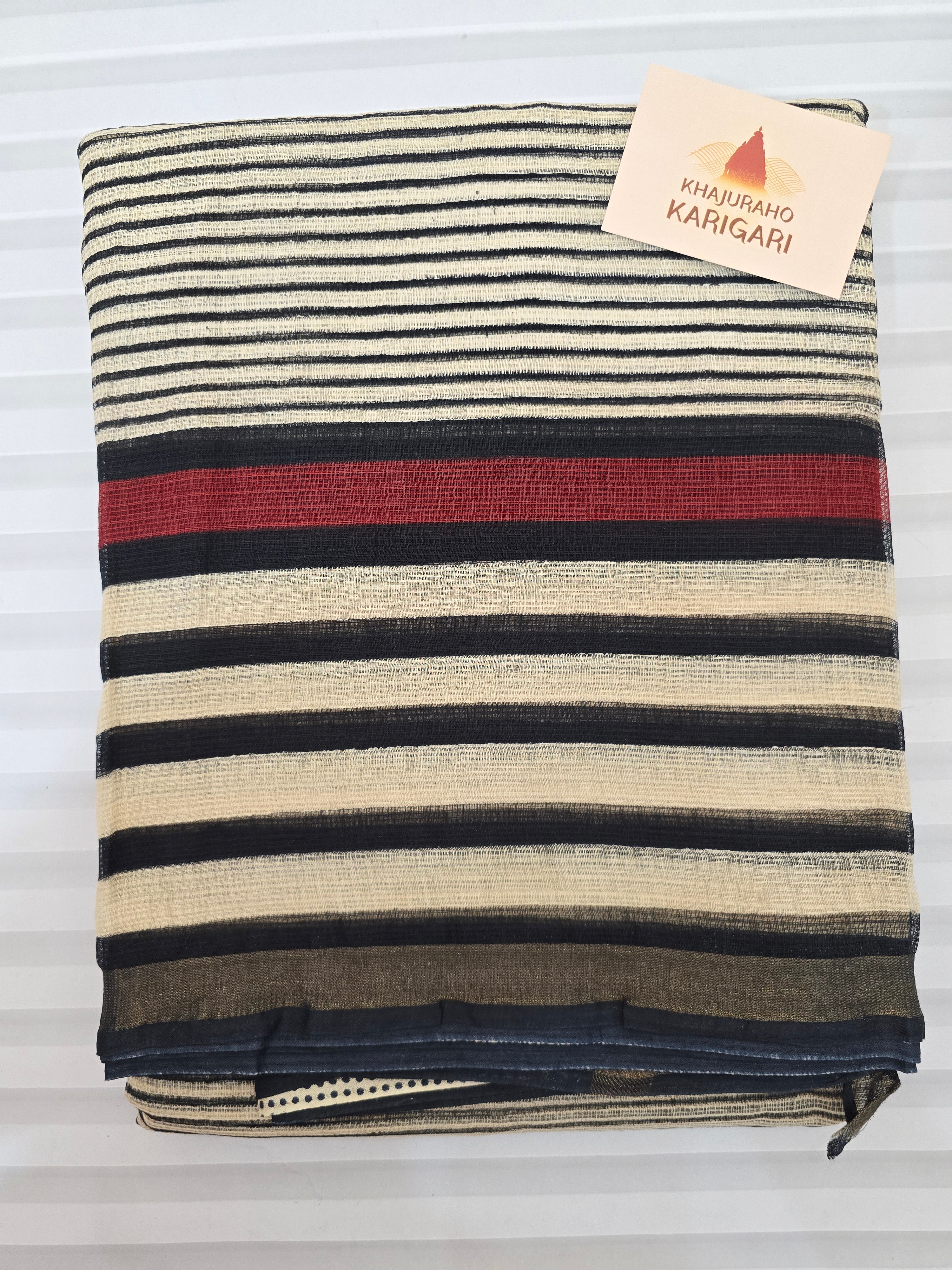 Handblock Printed Kota Doria Saree - Black Stripe