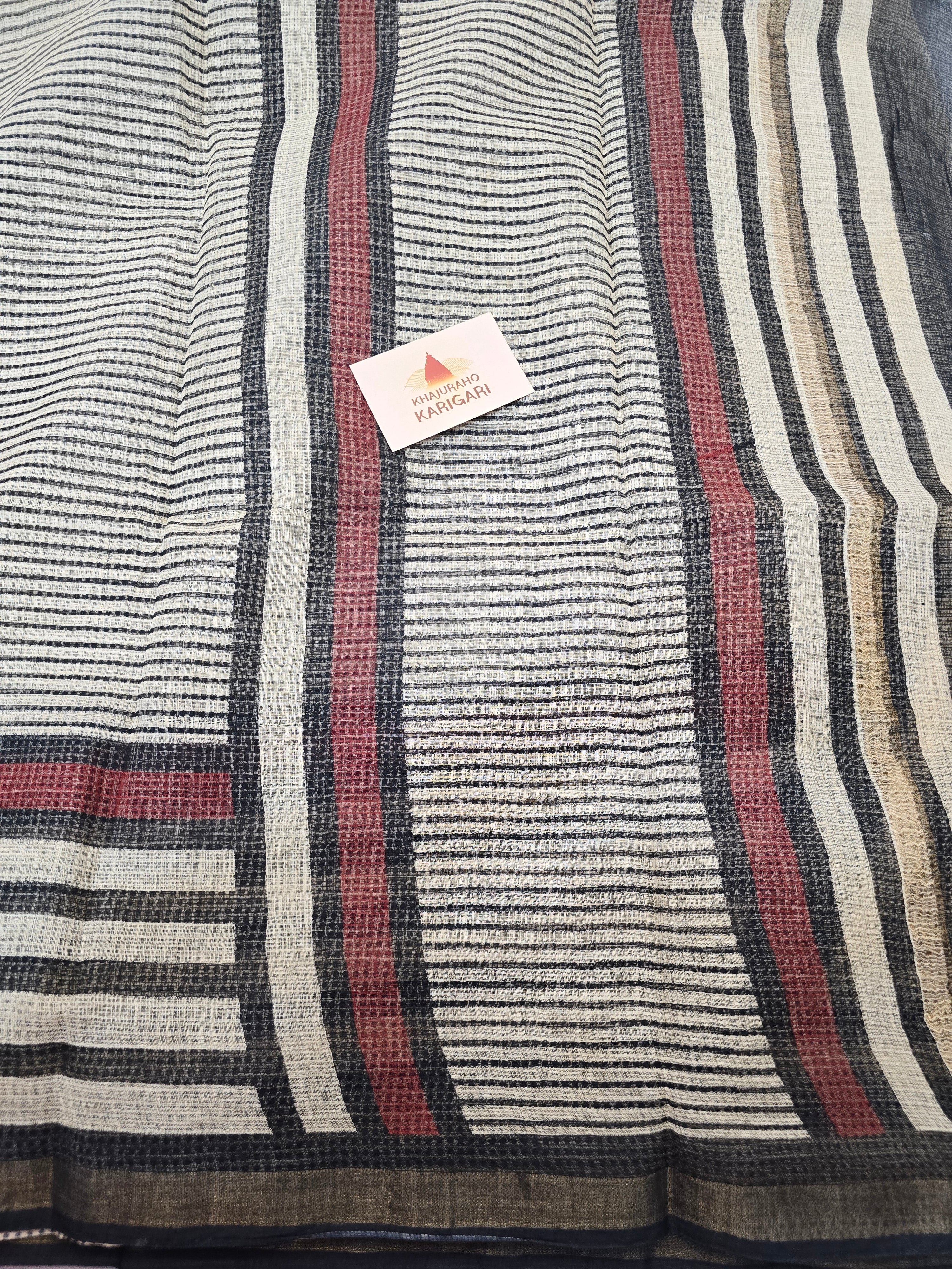 Handblock Printed Kota Doria Saree - Black Stripe