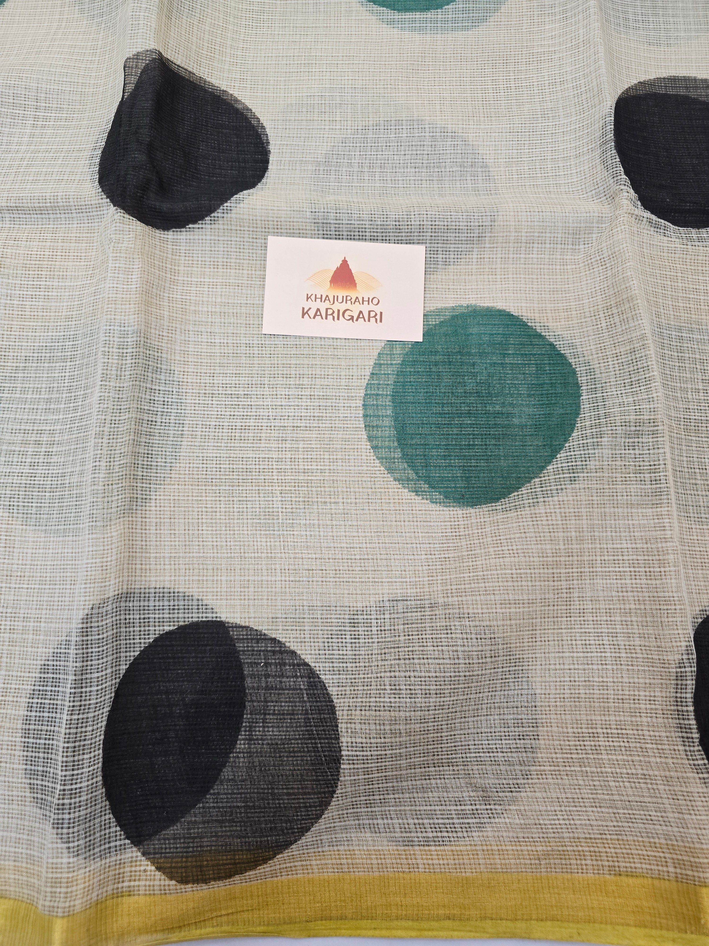 Hand block Printed Kota Doria Saree - Yellow Polka