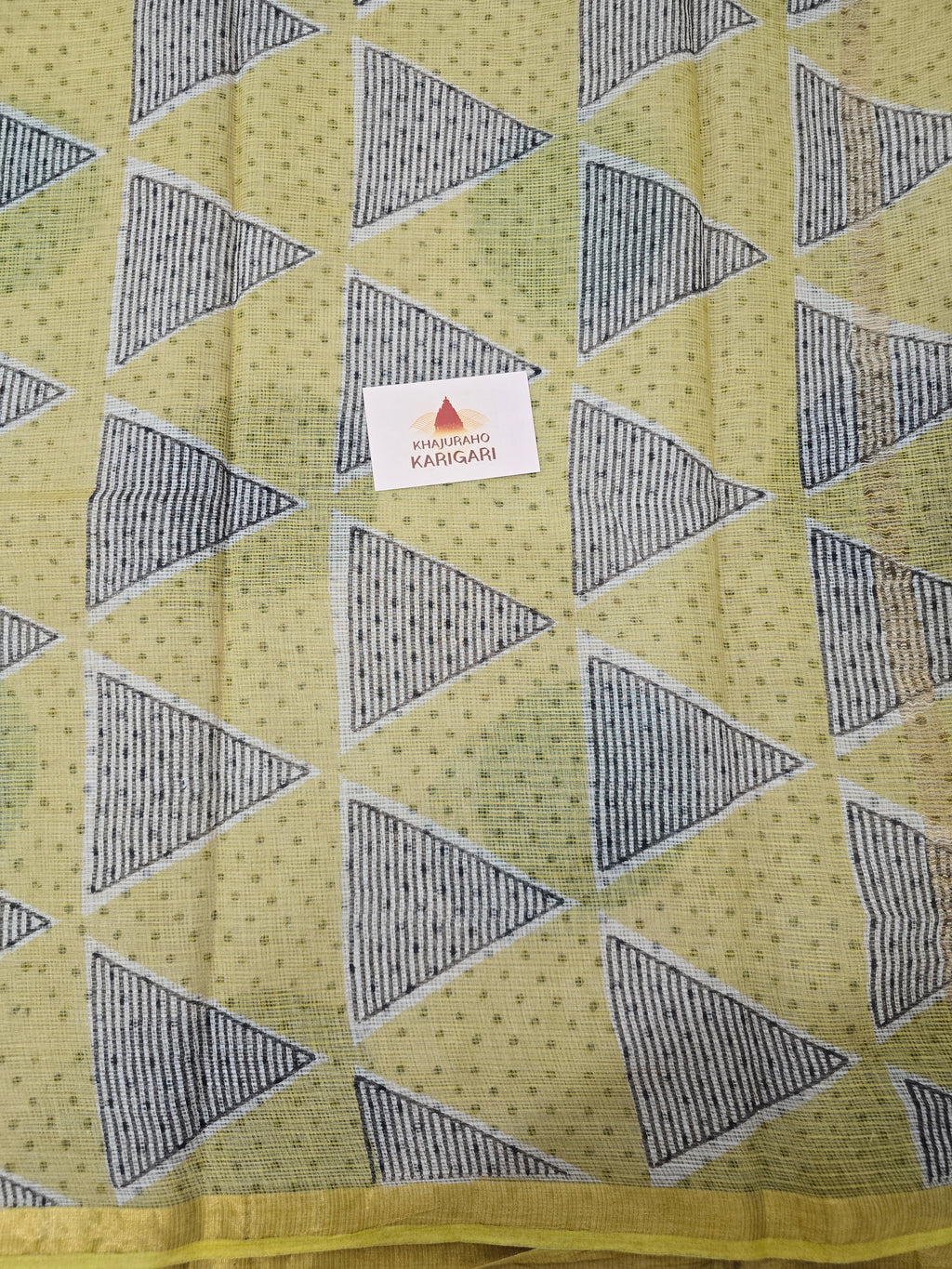 Hand block Printed Kota Doria Saree - Yellow Polka
