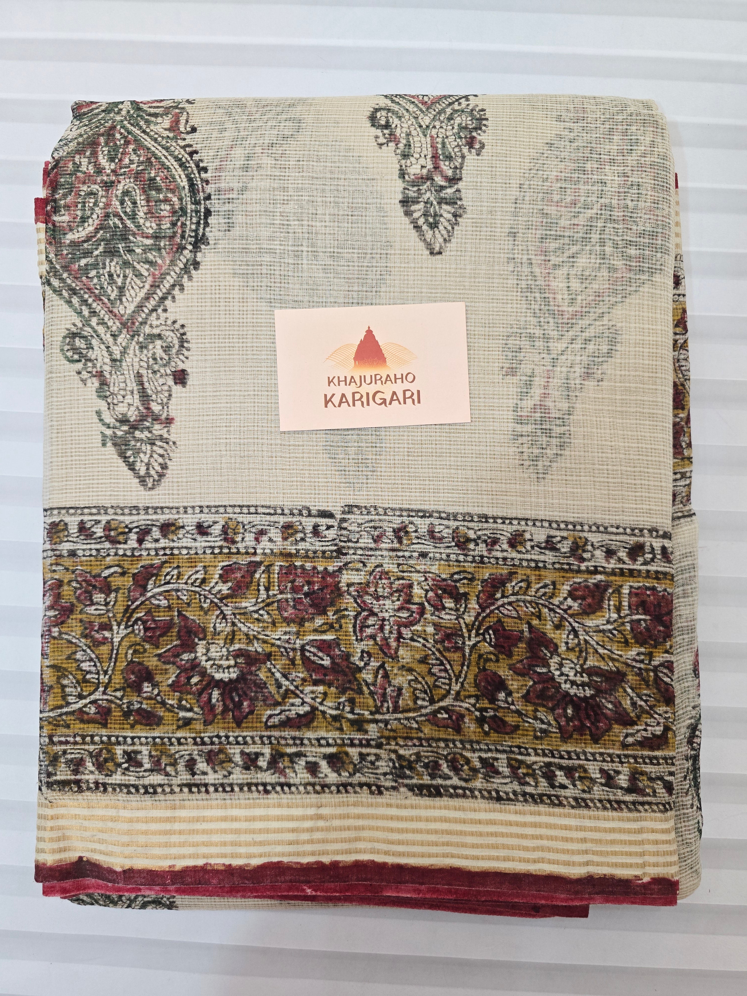 Handblock Printed Kota Doria Saree - Beige