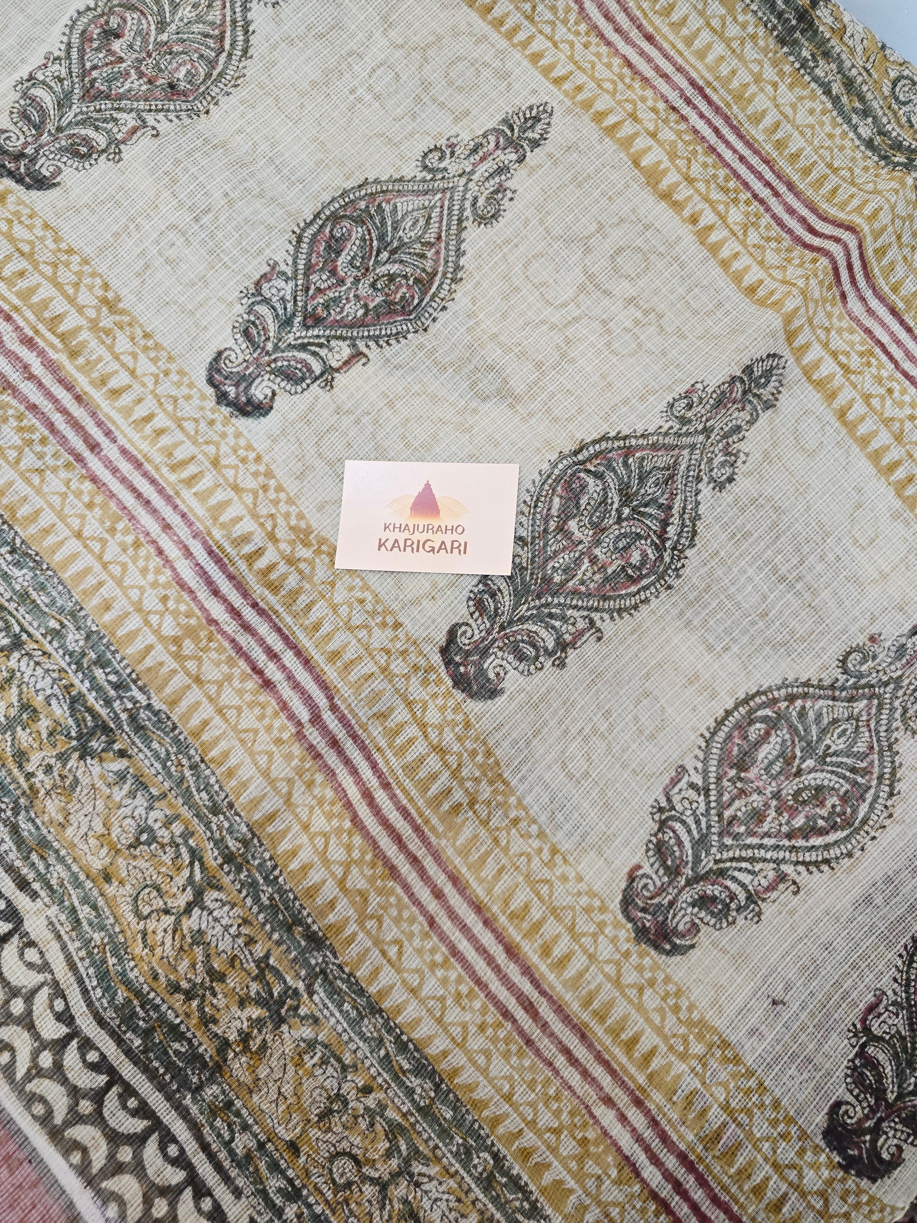 Handblock Printed Kota Doria Saree - Beige