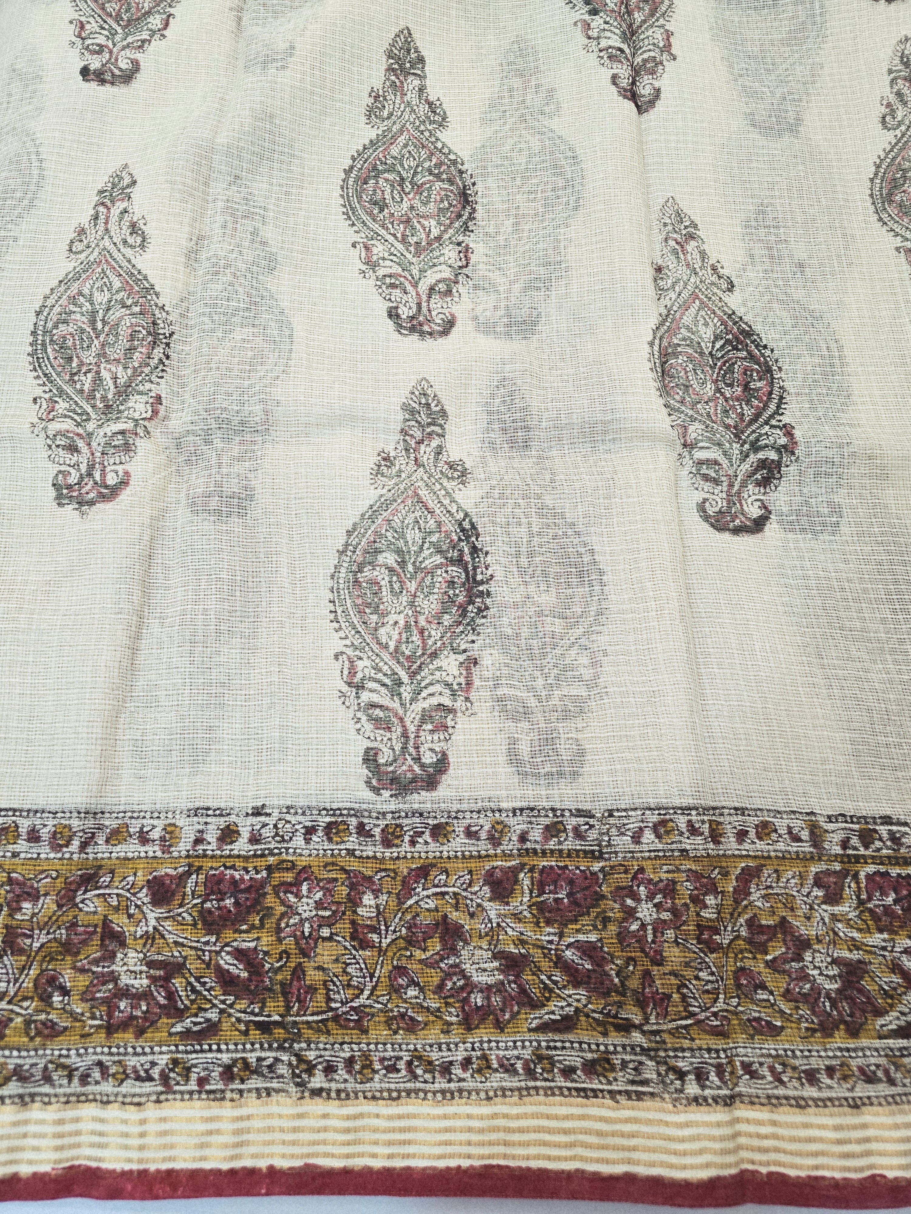 Handblock Printed Kota Doria Saree - Beige