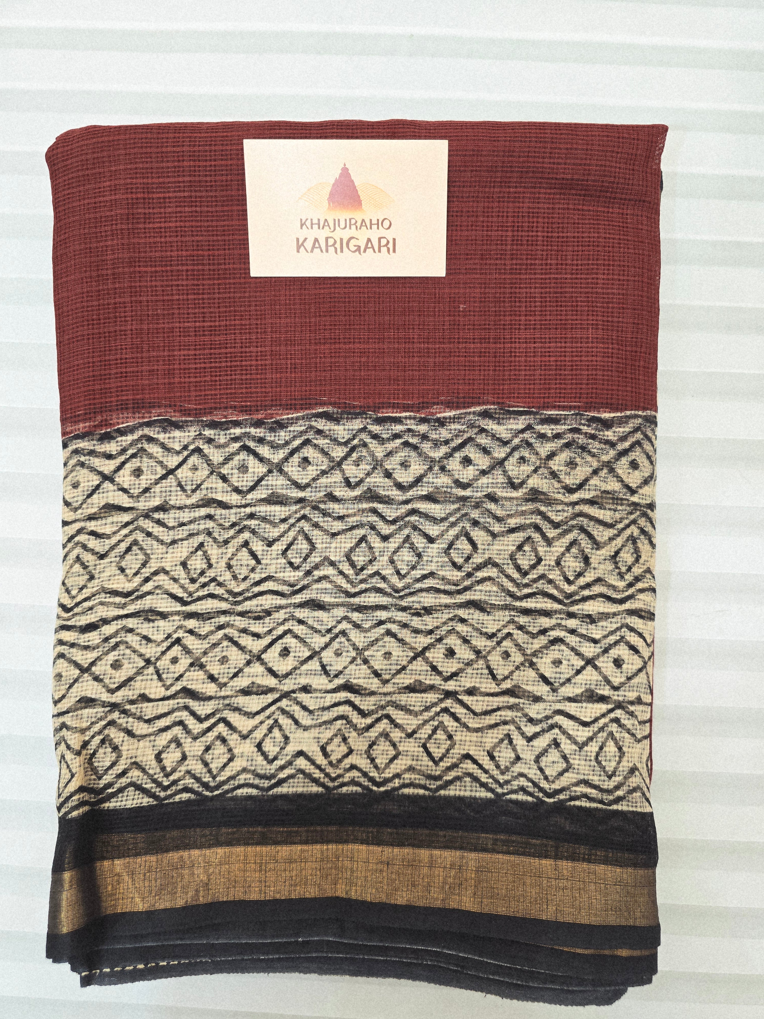 Handblock Printed Kota Doria Saree - Maroon
