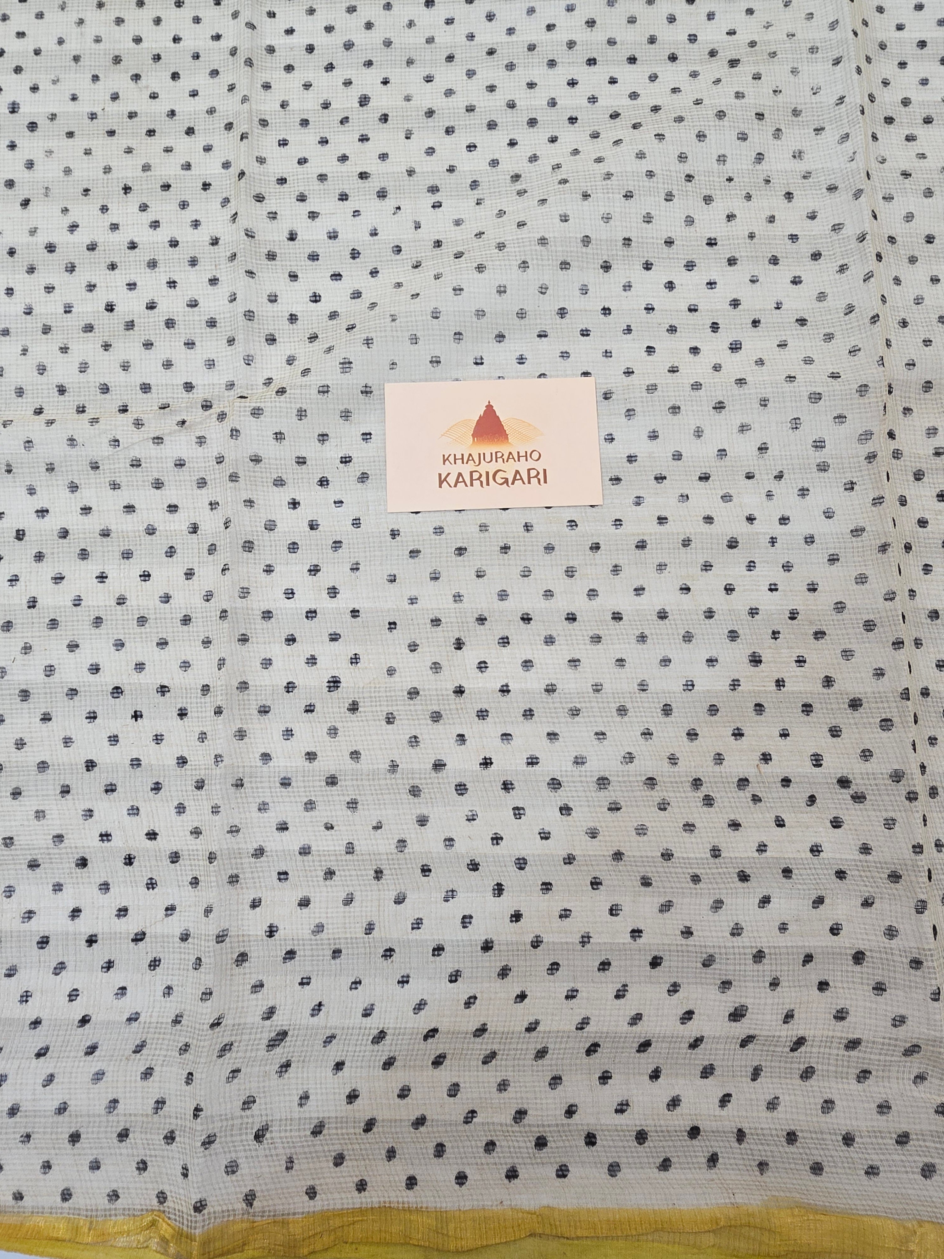 Hand block Printed Kota Doria Saree - Yellow Polka