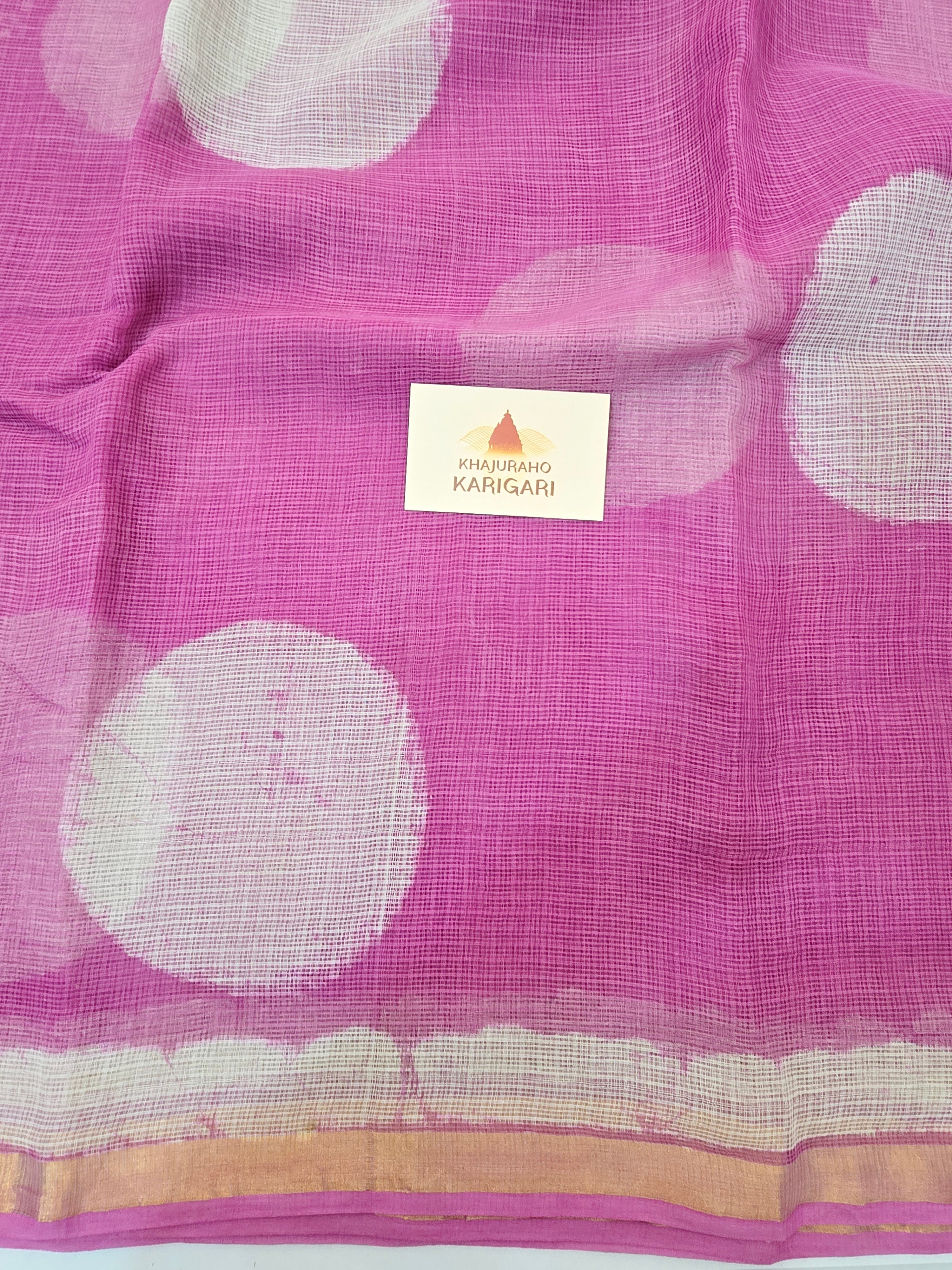 Handblock Printed Kota Doria Saree - Pink Polka