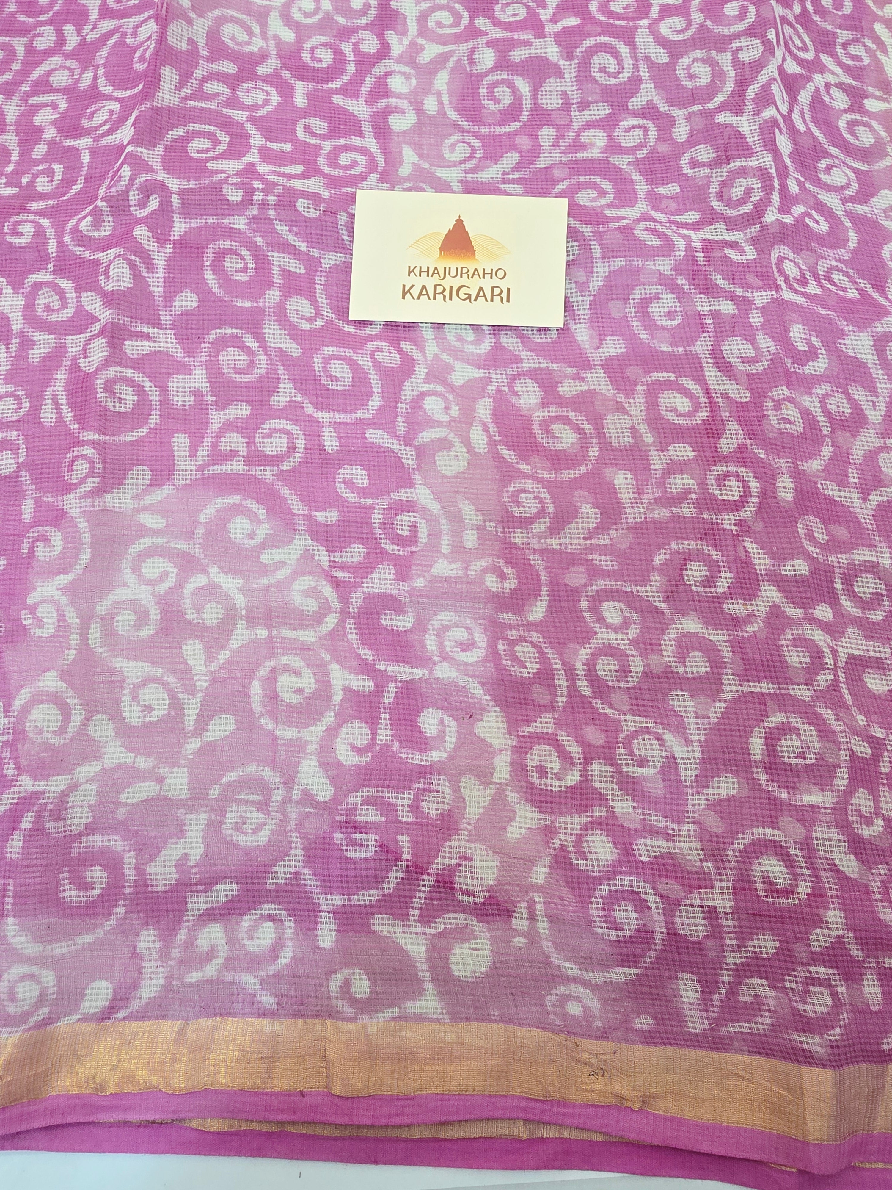 Handblock Printed Kota Doria Saree - Pink Polka