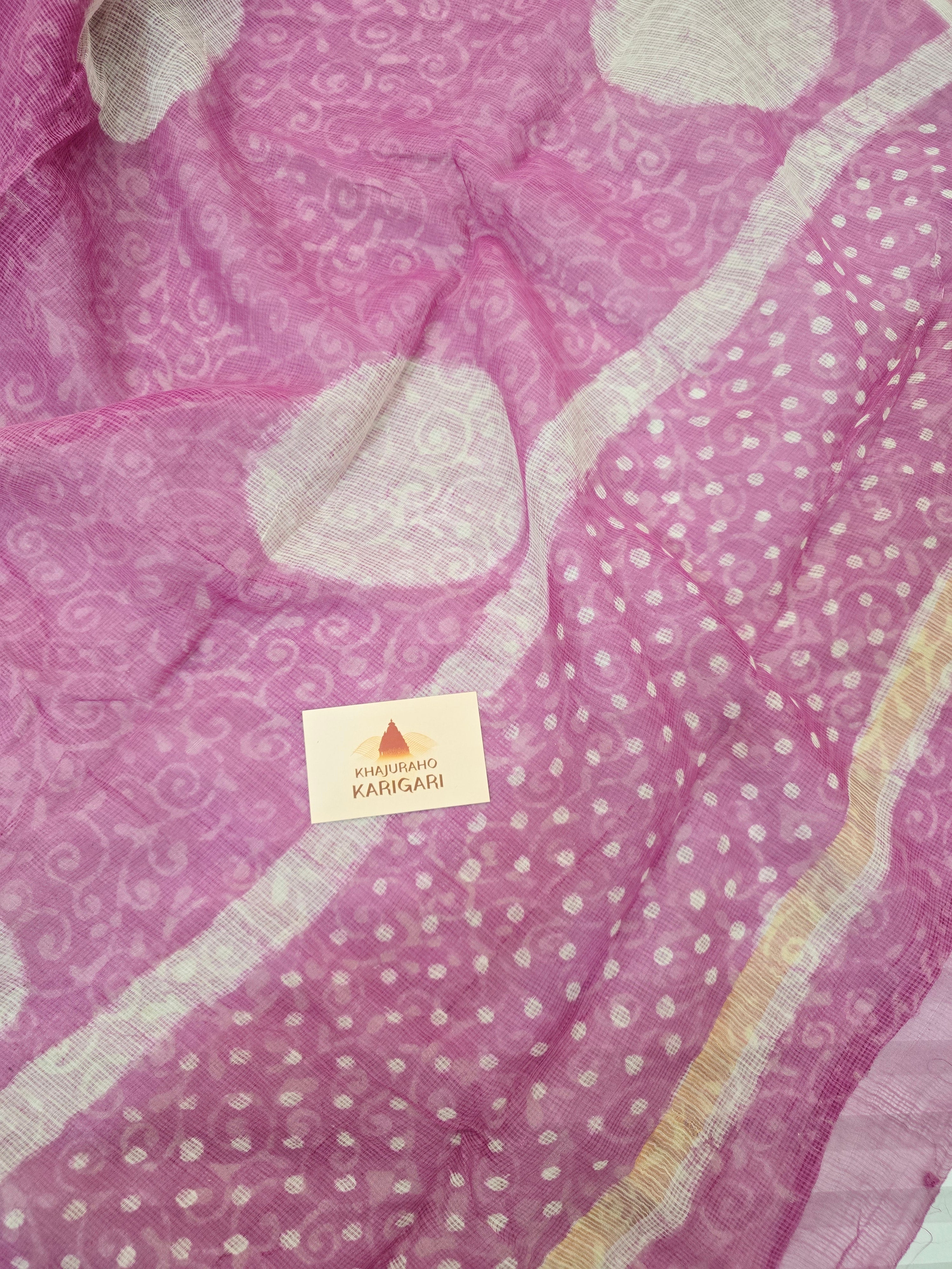 Handblock Printed Kota Doria Saree - Pink Polka