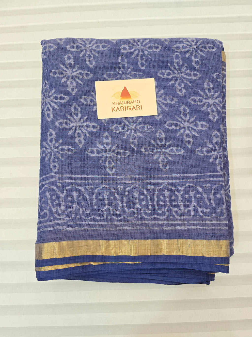 Hand block Printed Kota Doria Saree - Blue