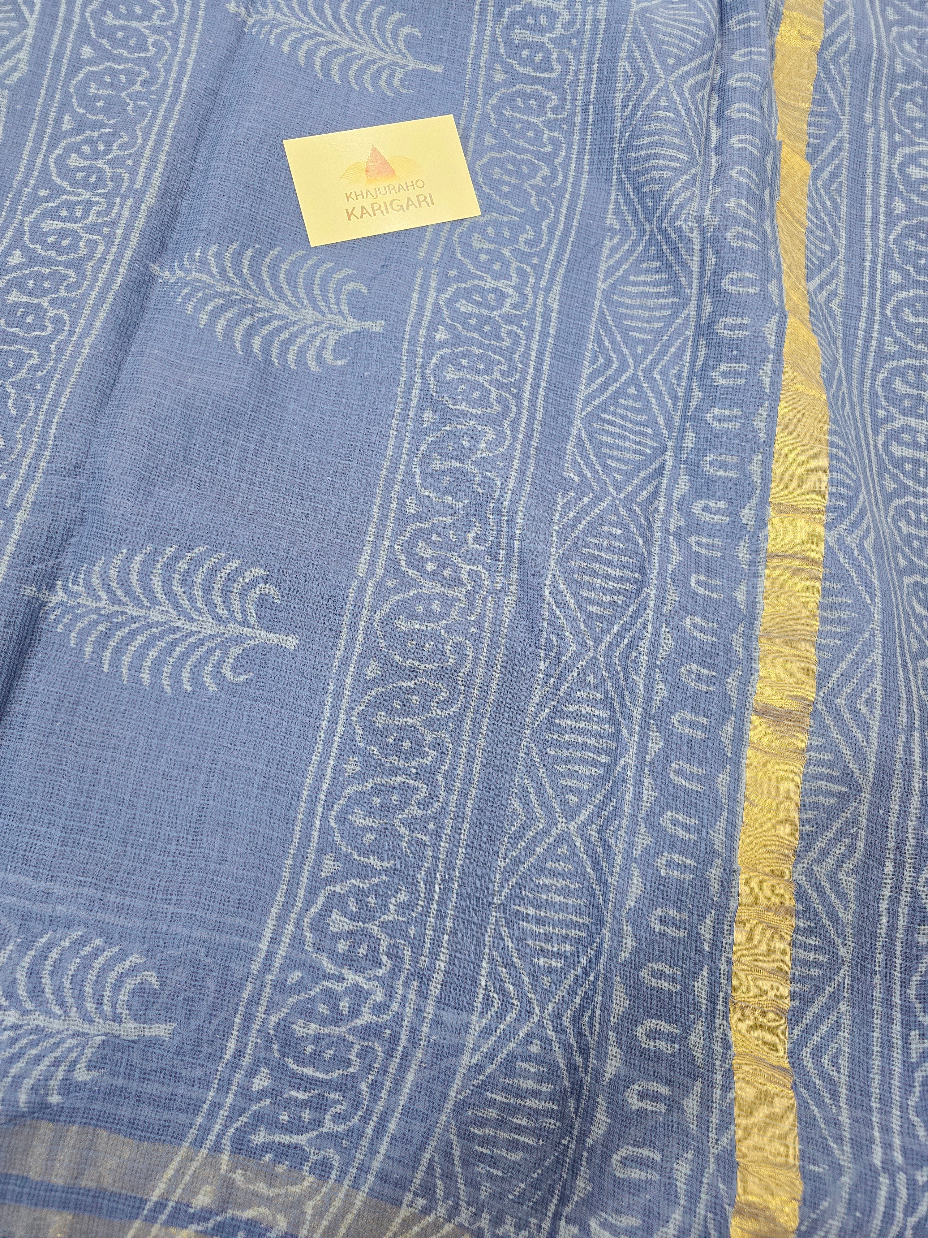 Hand block Printed Kota Doria Saree - Blue