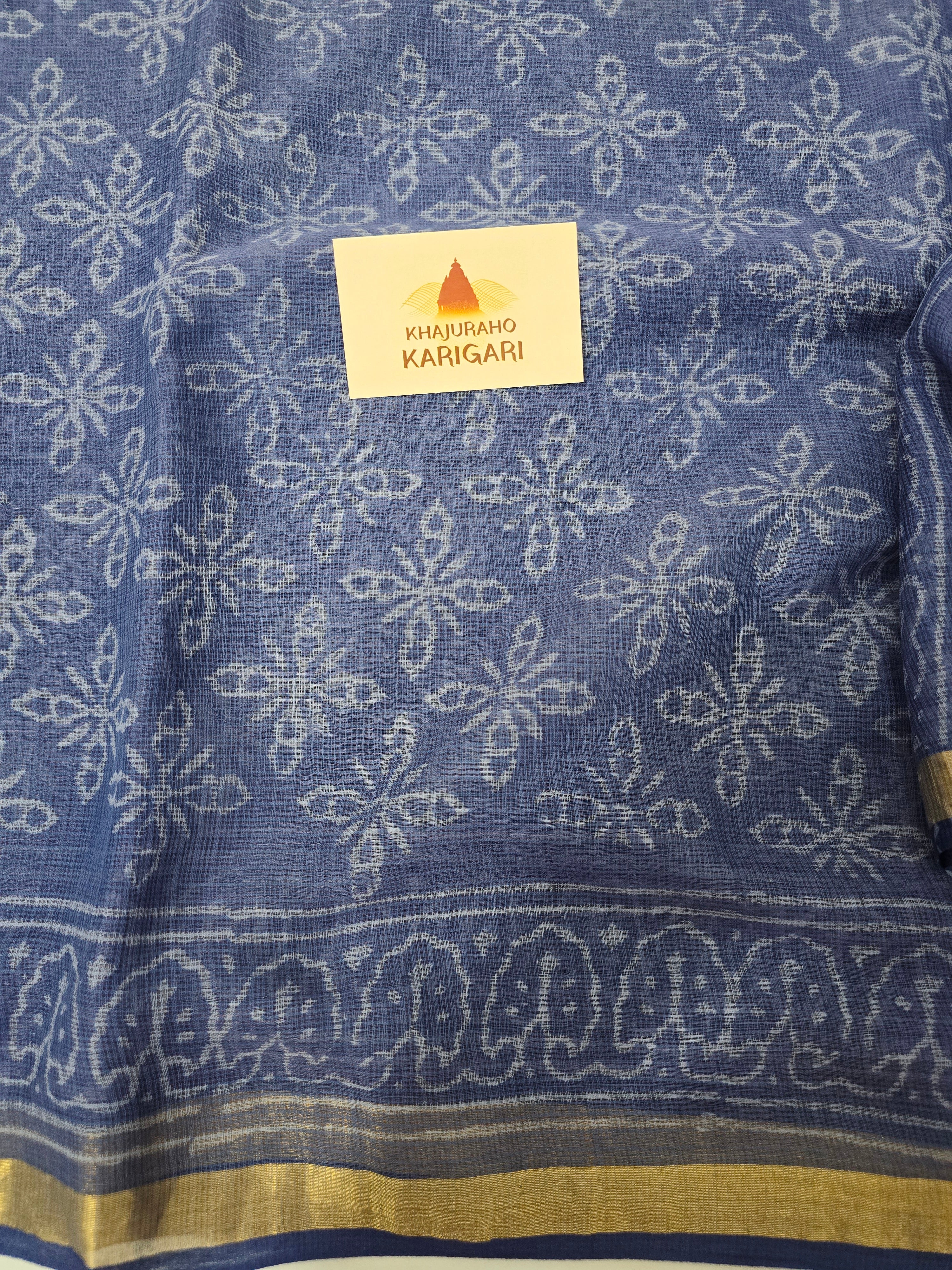 Hand block Printed Kota Doria Saree - Blue