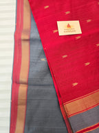 Pure Handwoven Maheshwari Arrow Motifs Saree - Gray Red