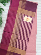 Pure Handwoven Maheshwari Silk Cotton Saree with Broad Wine Antique Gold Zari Border – Pink