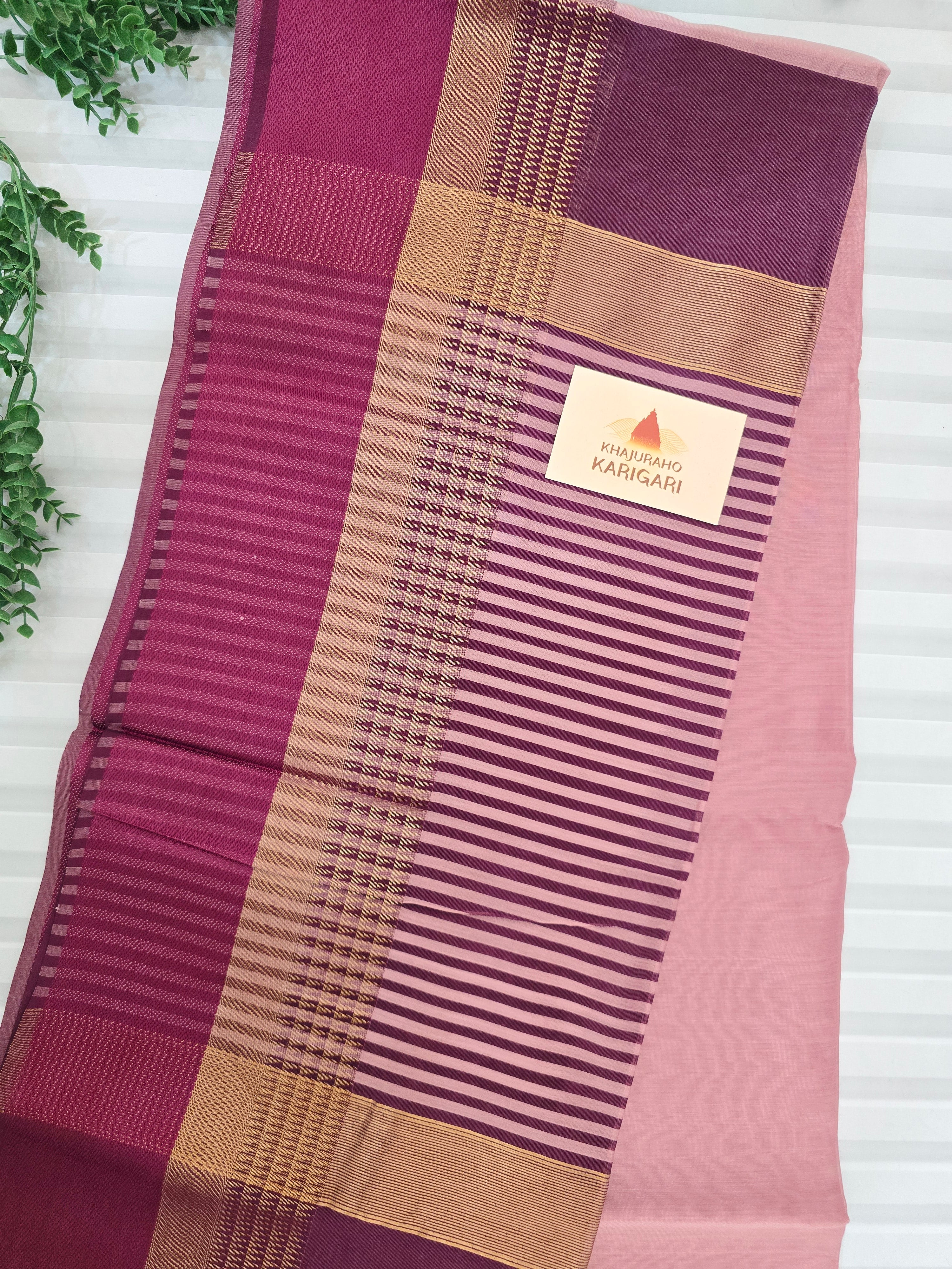 Pure Handwoven Maheshwari Silk Cotton Saree with Broad Wine Antique Gold Zari Border – Pink