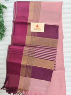 Pure Handwoven Maheshwari Silk Cotton Saree with Broad Wine Antique Gold Zari Border – Pink