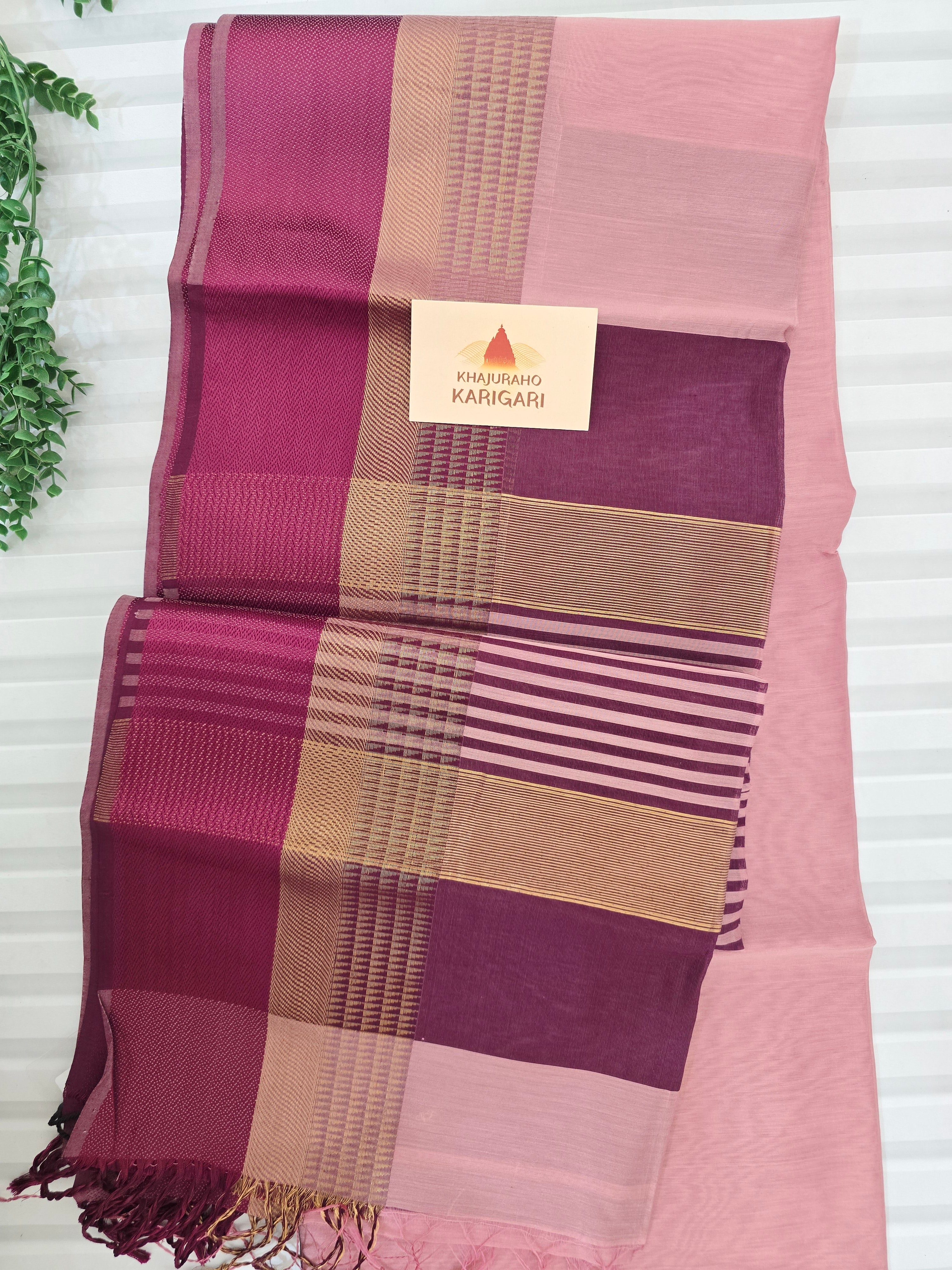 Pure Handwoven Maheshwari Silk Cotton Saree with Broad Wine Antique Gold Zari Border – Pink