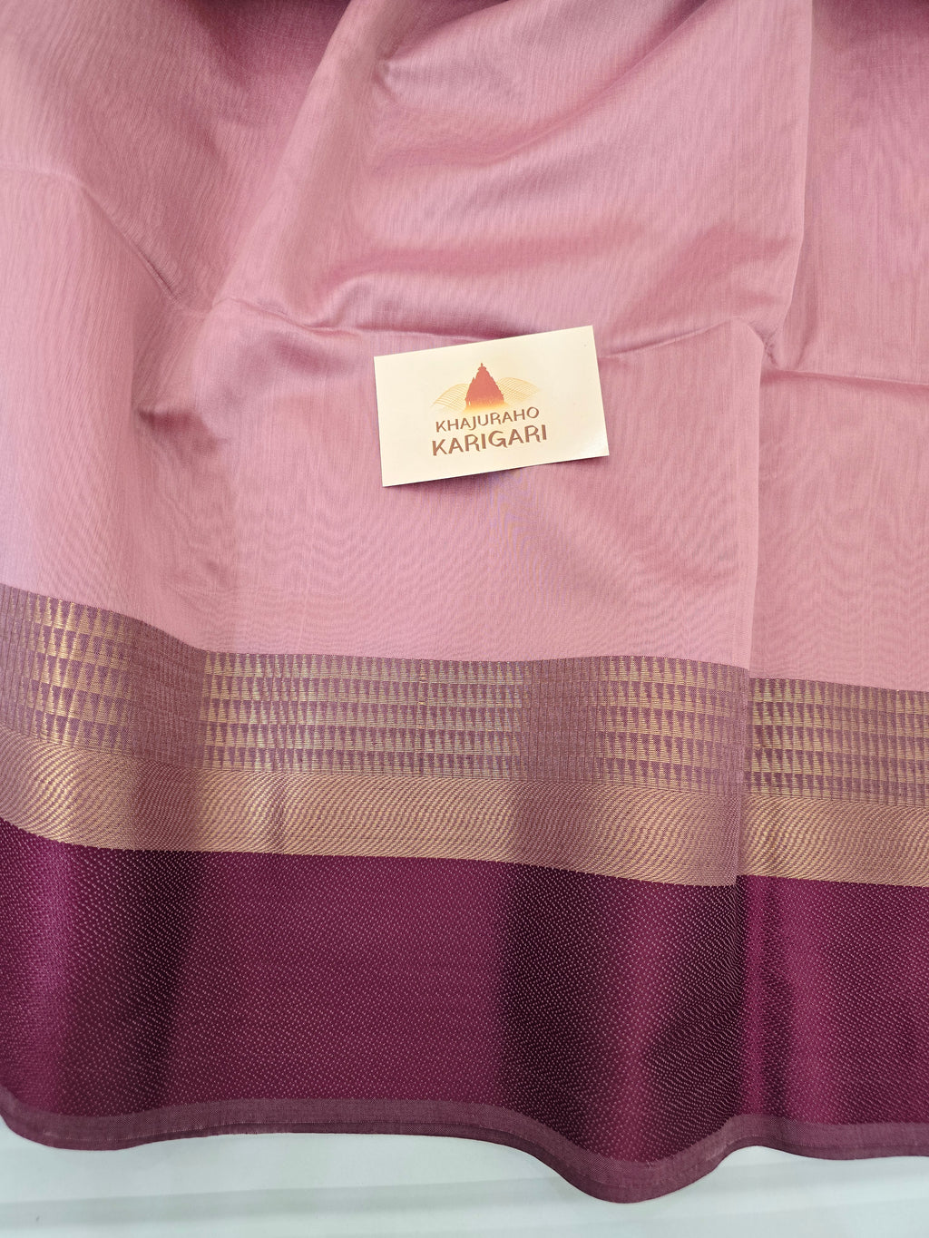 Pure Handwoven Maheshwari Silk Cotton Saree with Broad Wine Antique Gold Zari Border – Pink