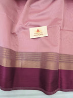 Pure Handwoven Maheshwari Silk Cotton Saree with Broad Wine Antique Gold Zari Border – Pink