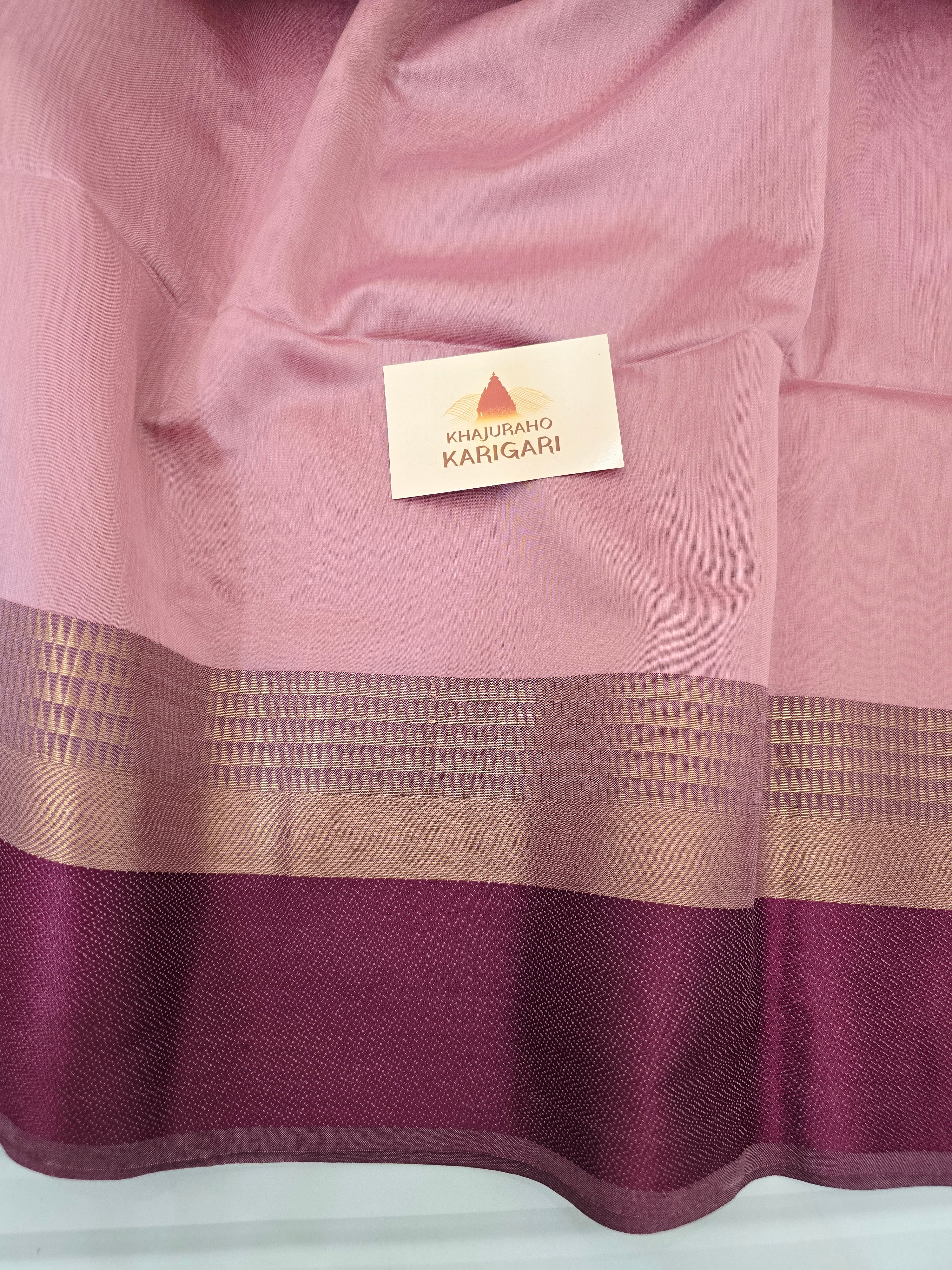 Pure Handwoven Maheshwari Silk Cotton Saree with Broad Wine Antique Gold Zari Border – Pink