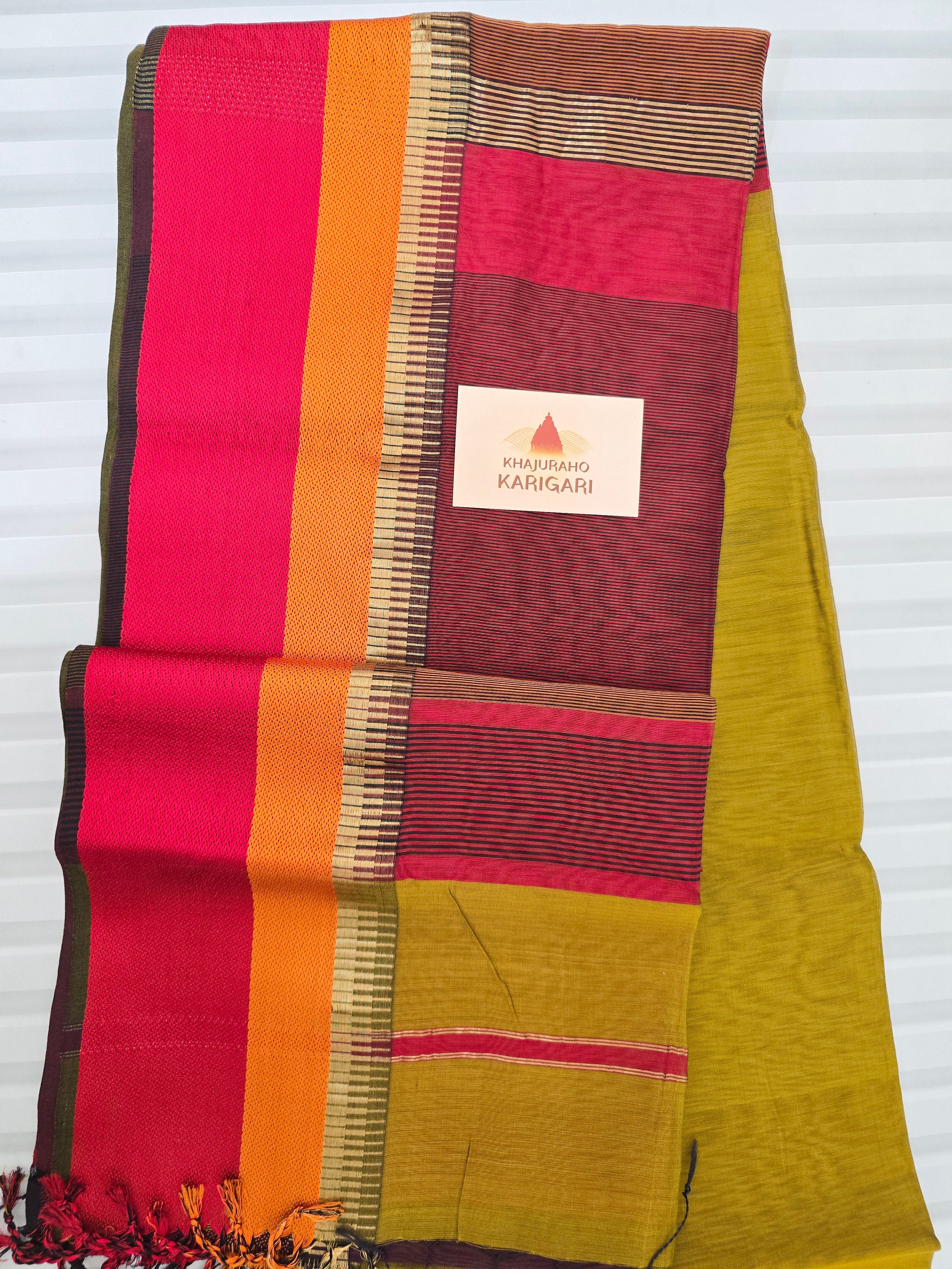 Pure Handwoven Maheshwari Silk Cotton Saree with Broad Border – Mustard Yellow