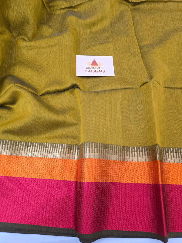 Pure Handwoven Maheshwari Silk Cotton Saree with Broad Border – Mustard Yellow
