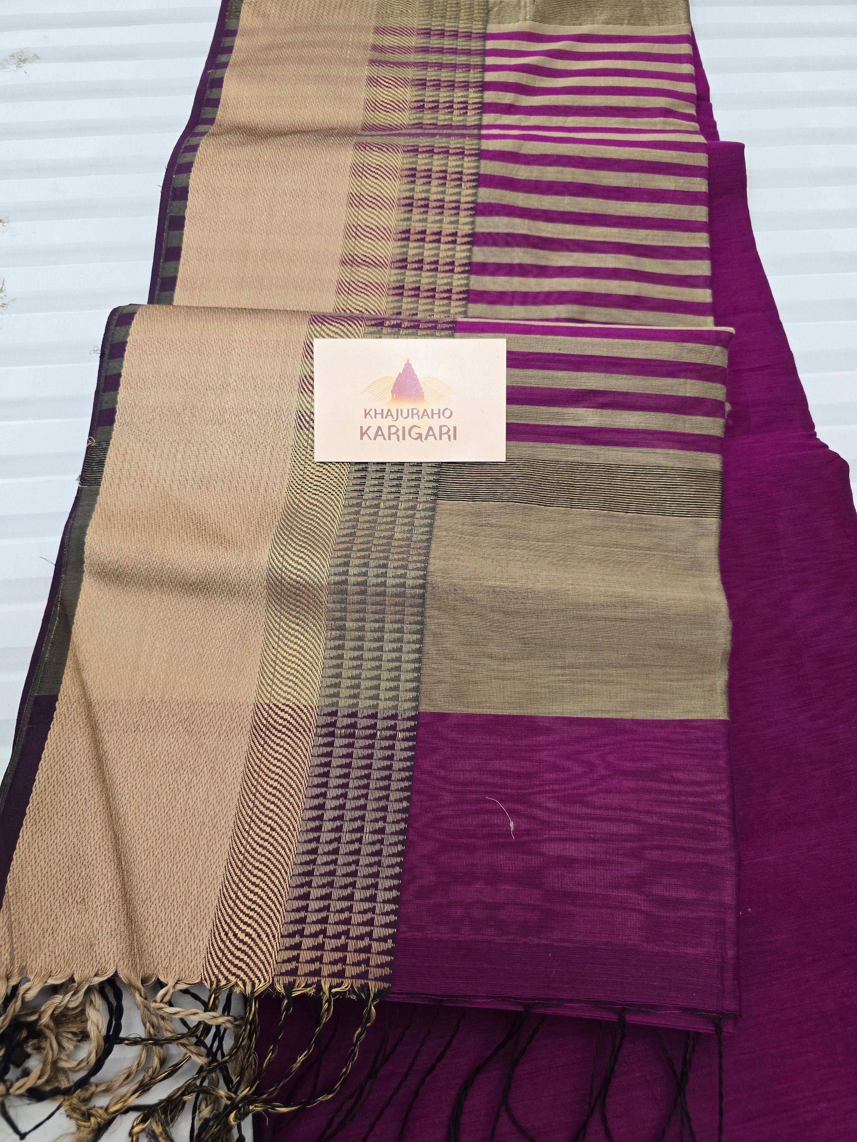 Pure Handwoven Maheshwari Silk Cotton Saree with Broad Antique Gold Zari Border – Royal Purple