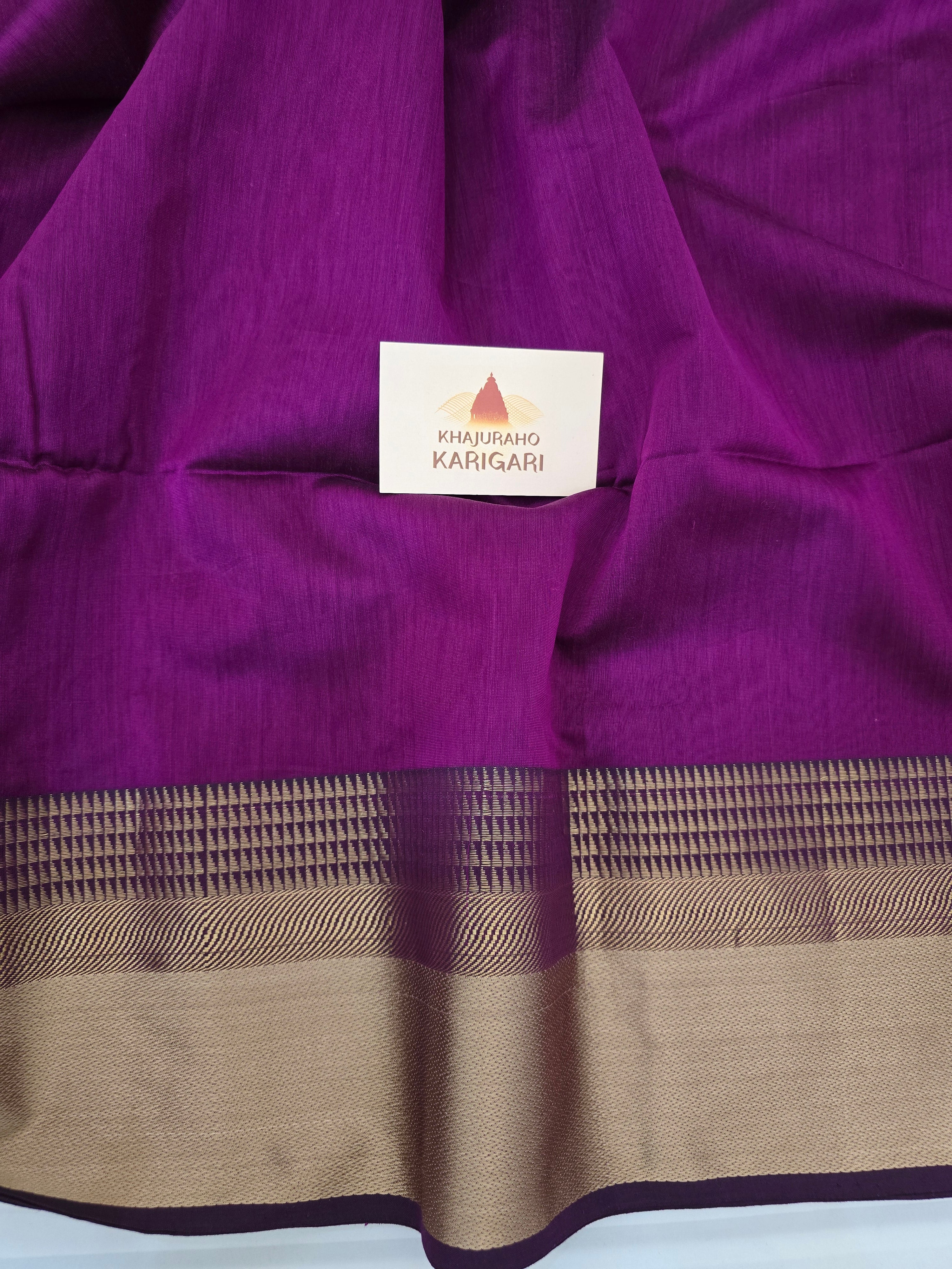 Pure Handwoven Maheshwari Silk Cotton Saree with Broad Antique Gold Zari Border – Royal Purple
