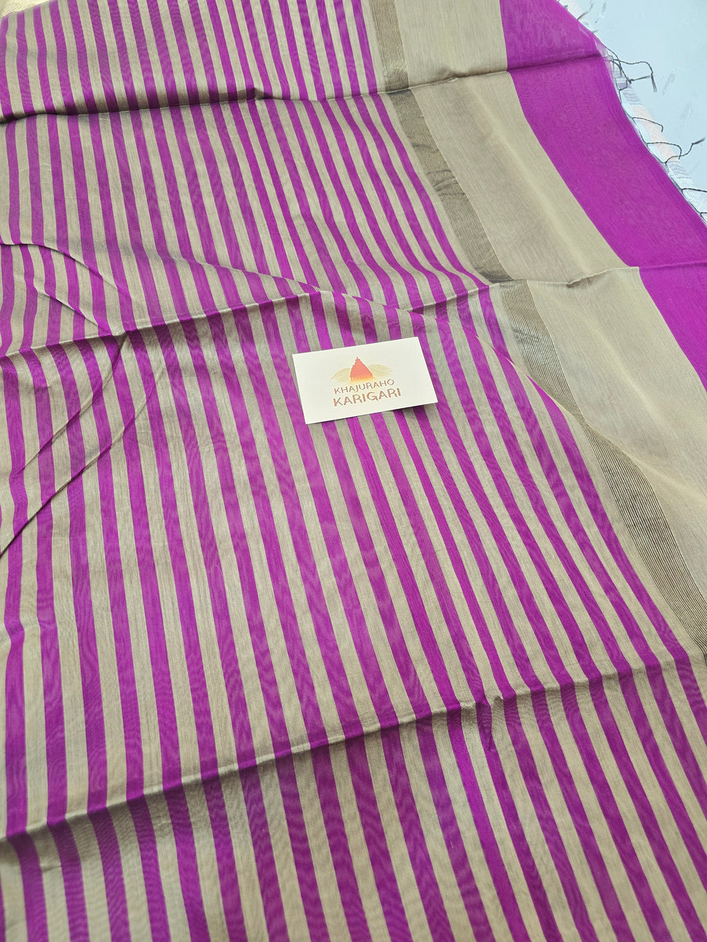 Pure Handwoven Maheshwari Silk Cotton Saree with Broad Antique Gold Zari Border – Royal Purple