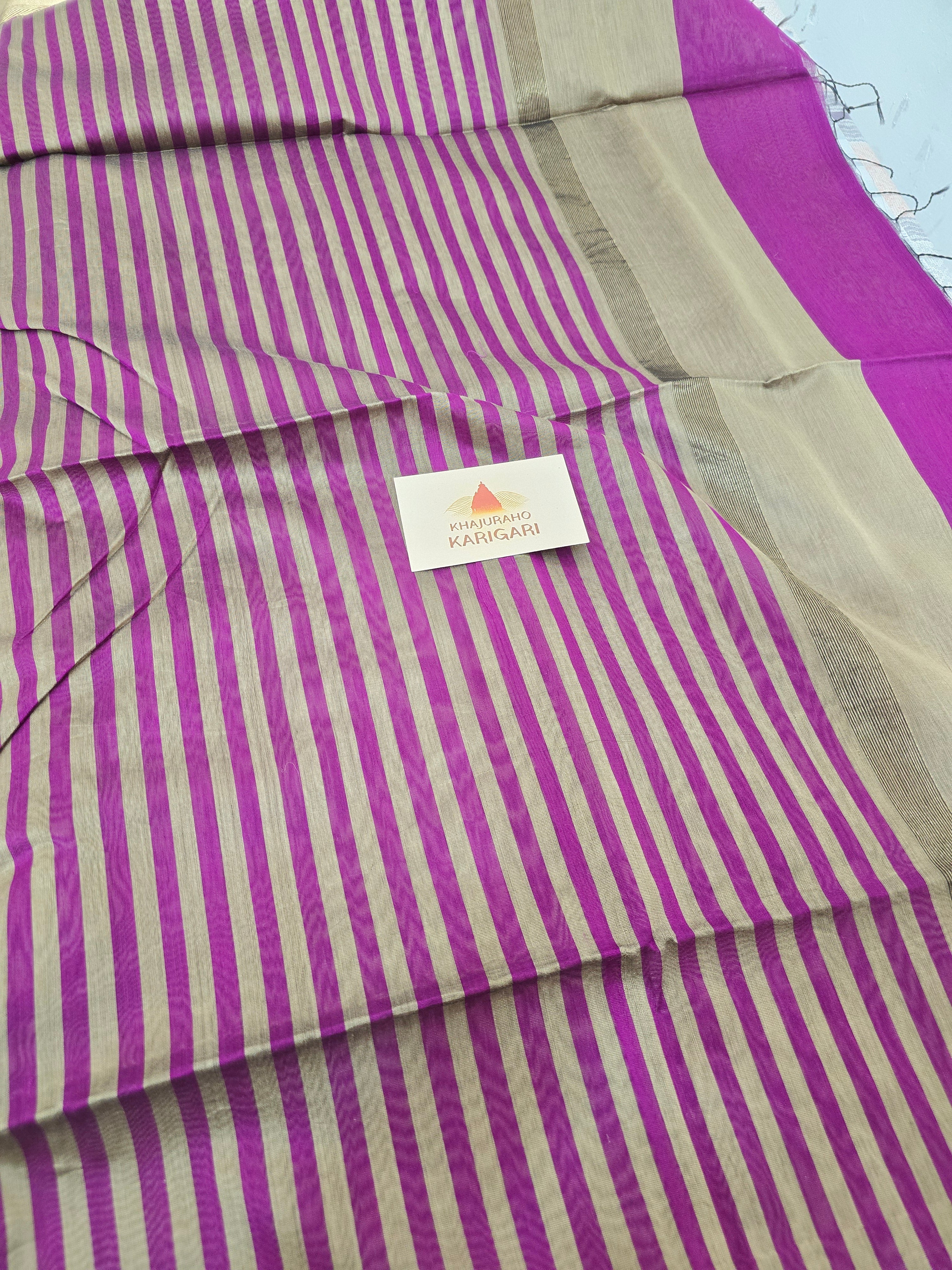 Pure Handwoven Maheshwari Silk Cotton Saree with Broad Antique Gold Zari Border – Royal Purple