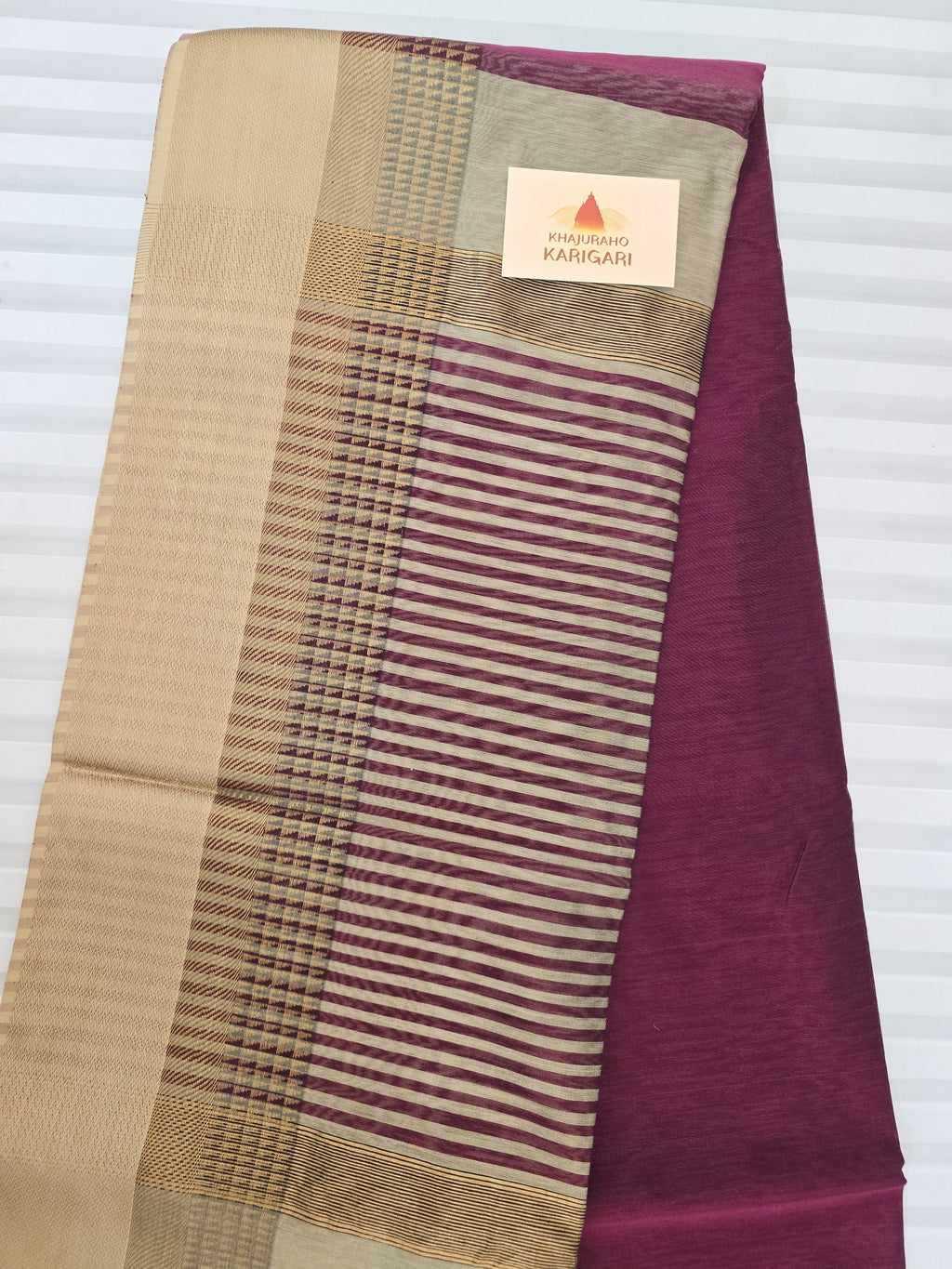Pure Handwoven Maheshwari Silk Cotton Saree with Broad Antique Gold Zari Border – Wine