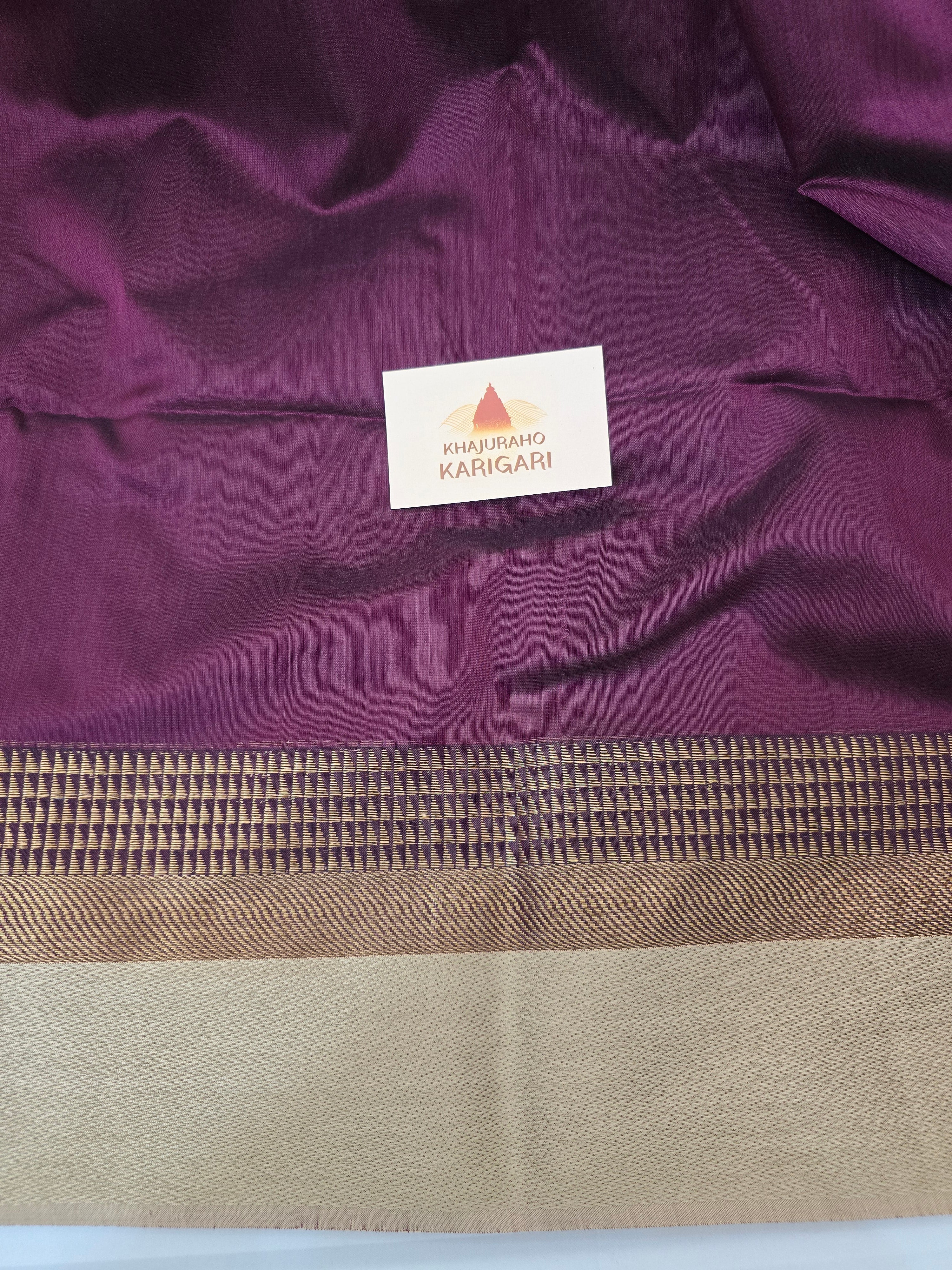 Pure Handwoven Maheshwari Silk Cotton Saree with Broad Antique Gold Zari Border – Wine