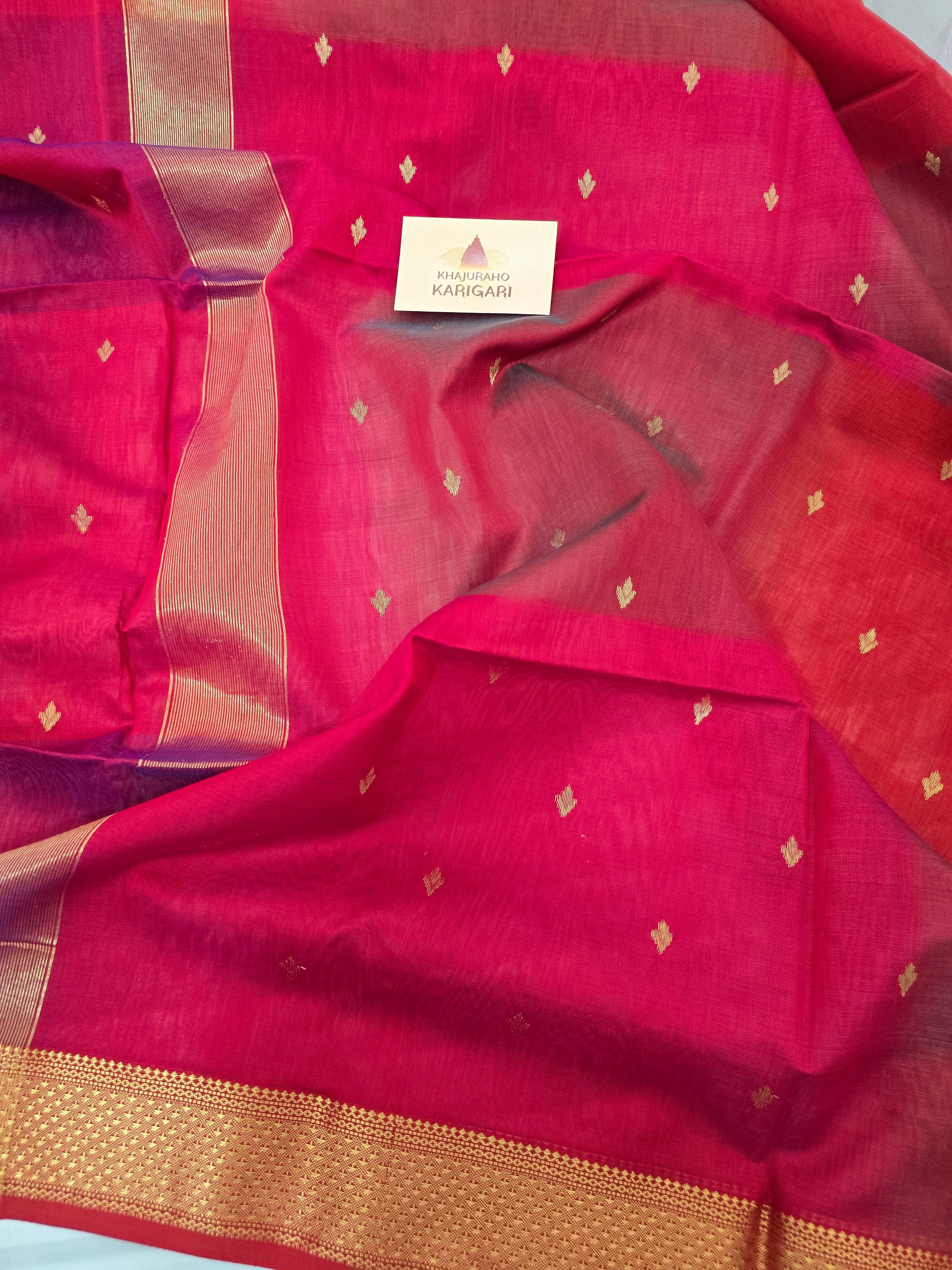 Pure Handwoven Maheshwari Multi Shade Saree with Diya Motifs and Zari border - Red