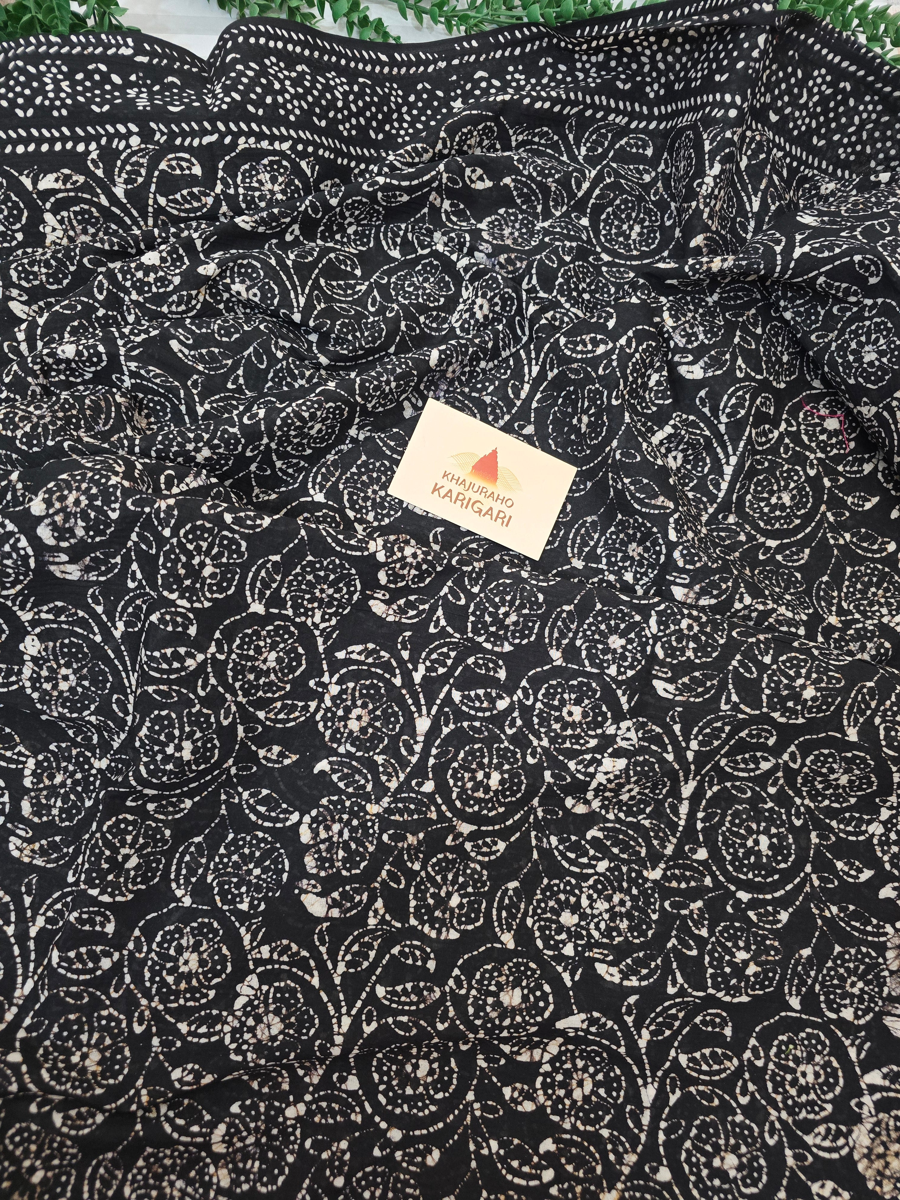 Handcrafted Batik Mul Cotton Saree - Black Floral