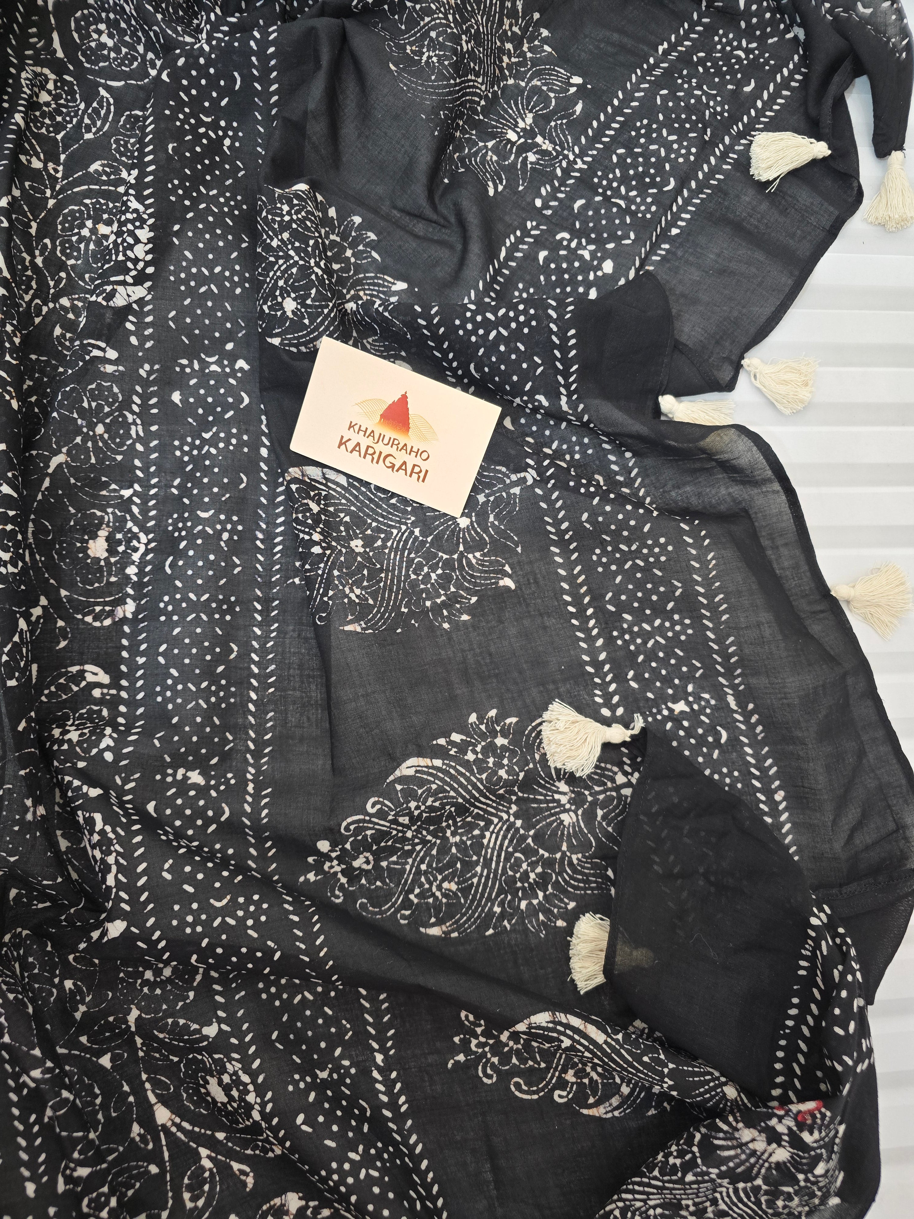 Handcrafted Batik Mul Cotton Saree - Black Floral